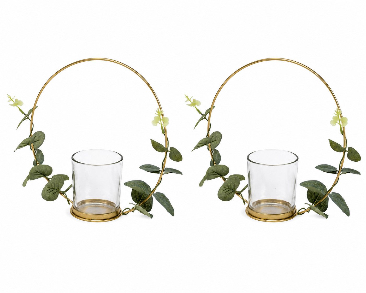 BOLTZE Teelichthalter 2er Set Teelichthalter Metall Gold mit Glas & Eukalyptus Ø 22 cm