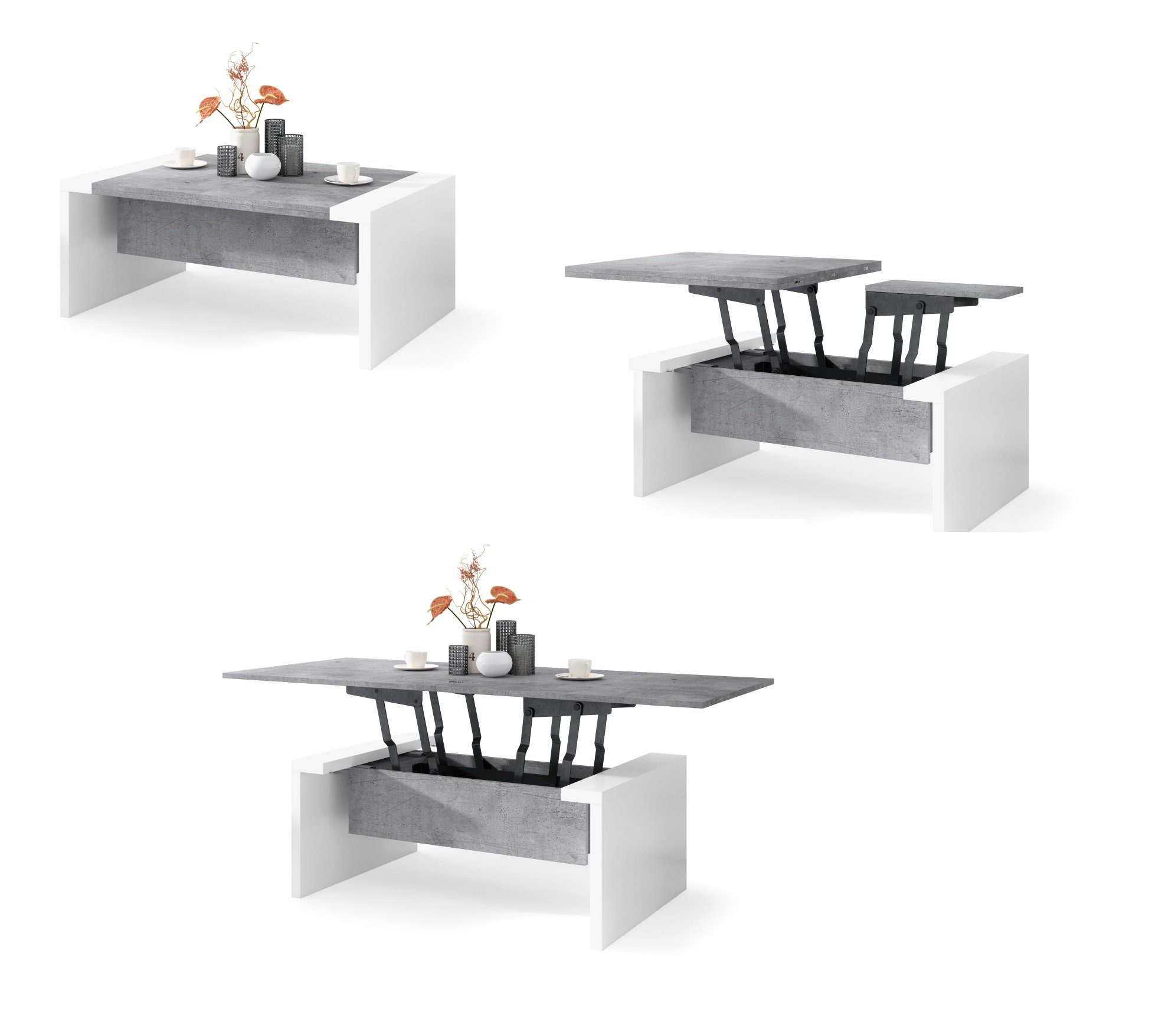 designimpex Couchtisch Space Beton - 170 70 / Weiß aufklappbar / Beton / matt 45 höhenverstellbar matt 110 Weiß