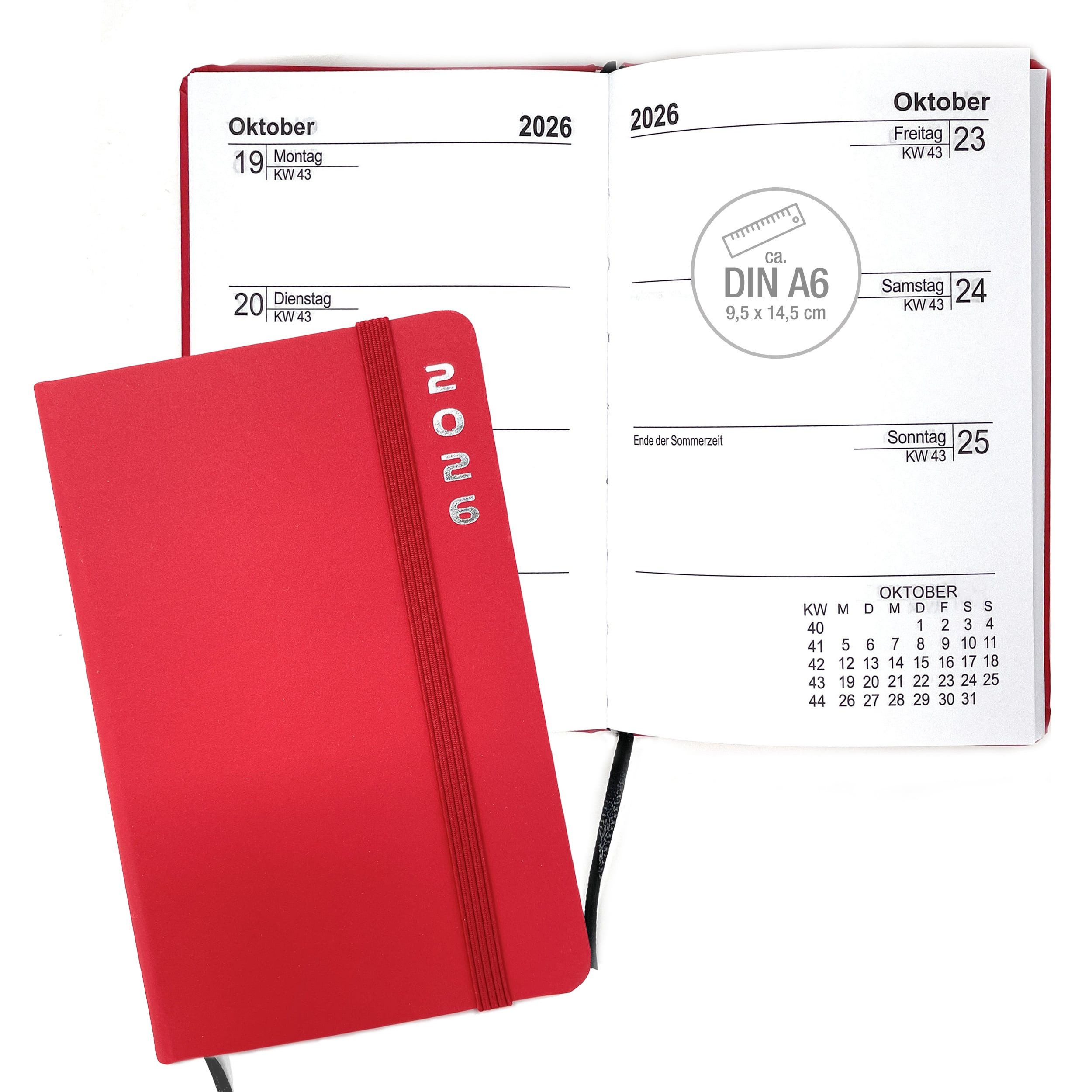 AMLI Сумкиkalender Сумкиkalender 2026 A6 Rot, Календари Hardcover, 1 Woche 2 Seiten, Kompakter DIN A6 Buchkalender