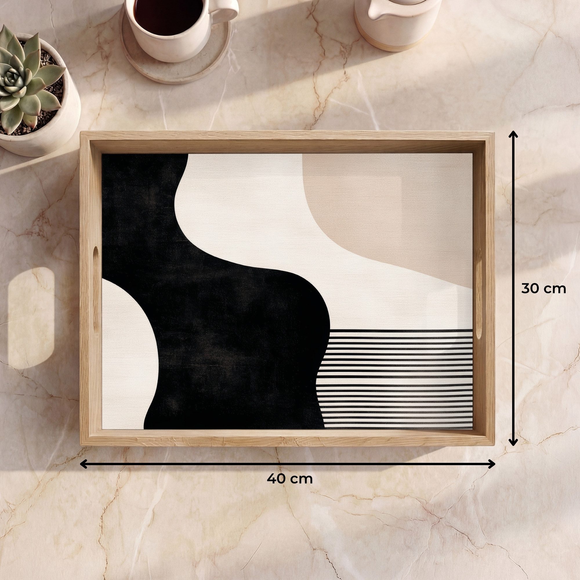 OnlyWow Tablett Rechteckig mit Henkel Abstrakt - Japandi - Beige - Modern, Eichenholz, (1-tlg), Siervierplatte, Tray, Frühstücksbrett