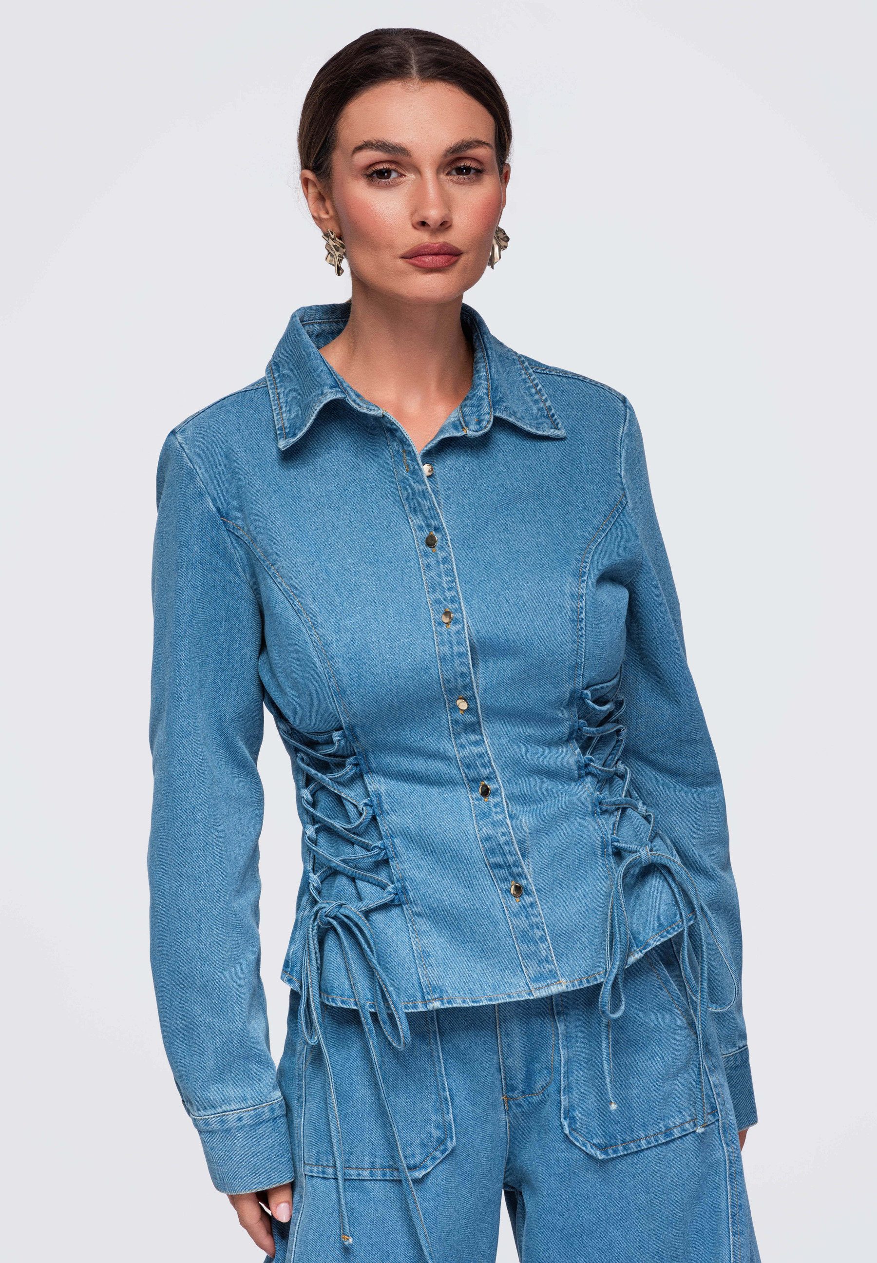 OMBRE Hemdbluse Damen Slim-Fit Hemdbluse mit klassischem Kragen Blau M (kein Set, 1-tlg) in Unifarbe