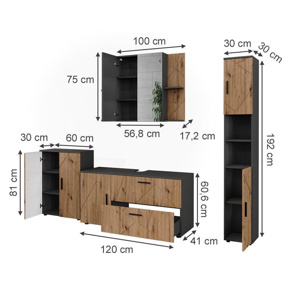 Vicco Badmöbel-Set Irma, Anthrazit/Artisan, 4 Teile, günstig online kaufen