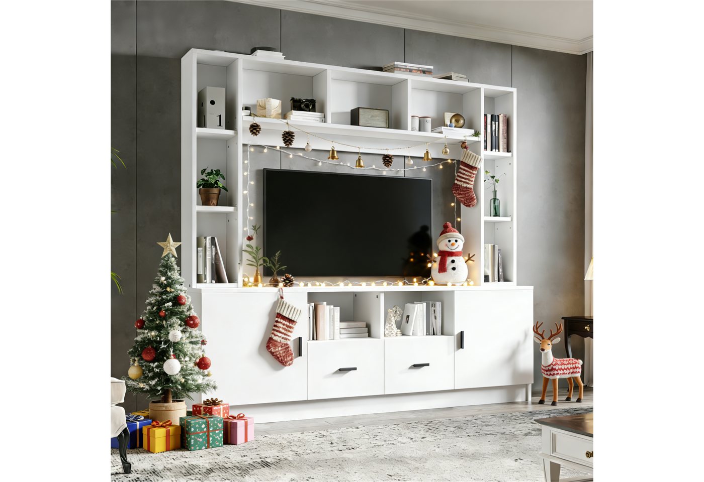 KLAM HOME Wohnwand Moderne Weiße Wohnwand Mit 2 Schränken Und 11 Fächern, (TV Board Mediawand Set Für Fernseher Bis 60 Zoll), Praktische Anbauwand Mit Vitrine Und Großem Stauraum