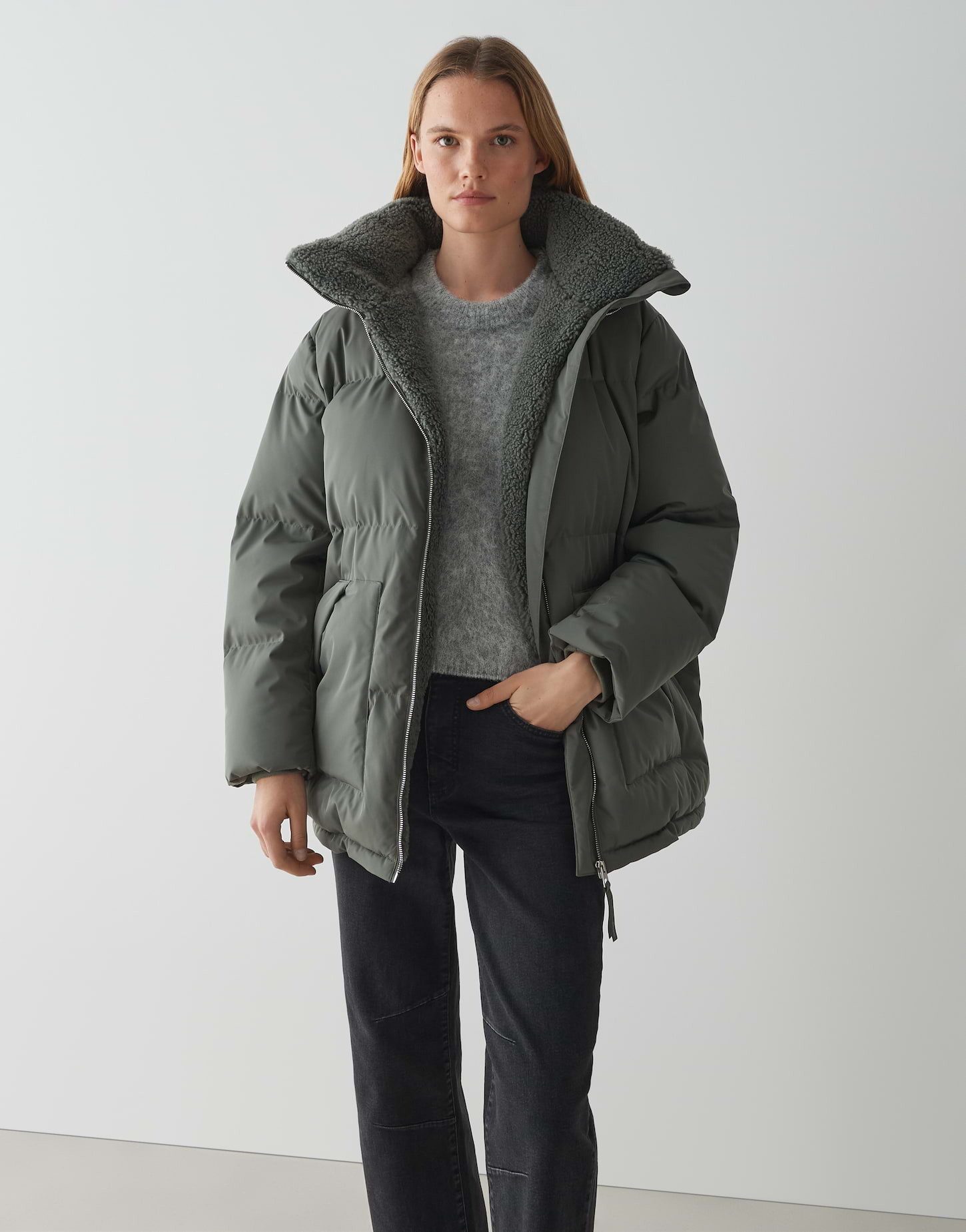 OPUS Steppjacke HILEEN mit Teddyfellkragen ovaler Schnitt, aufgesetzte Taschen vorne, Reißverschluss