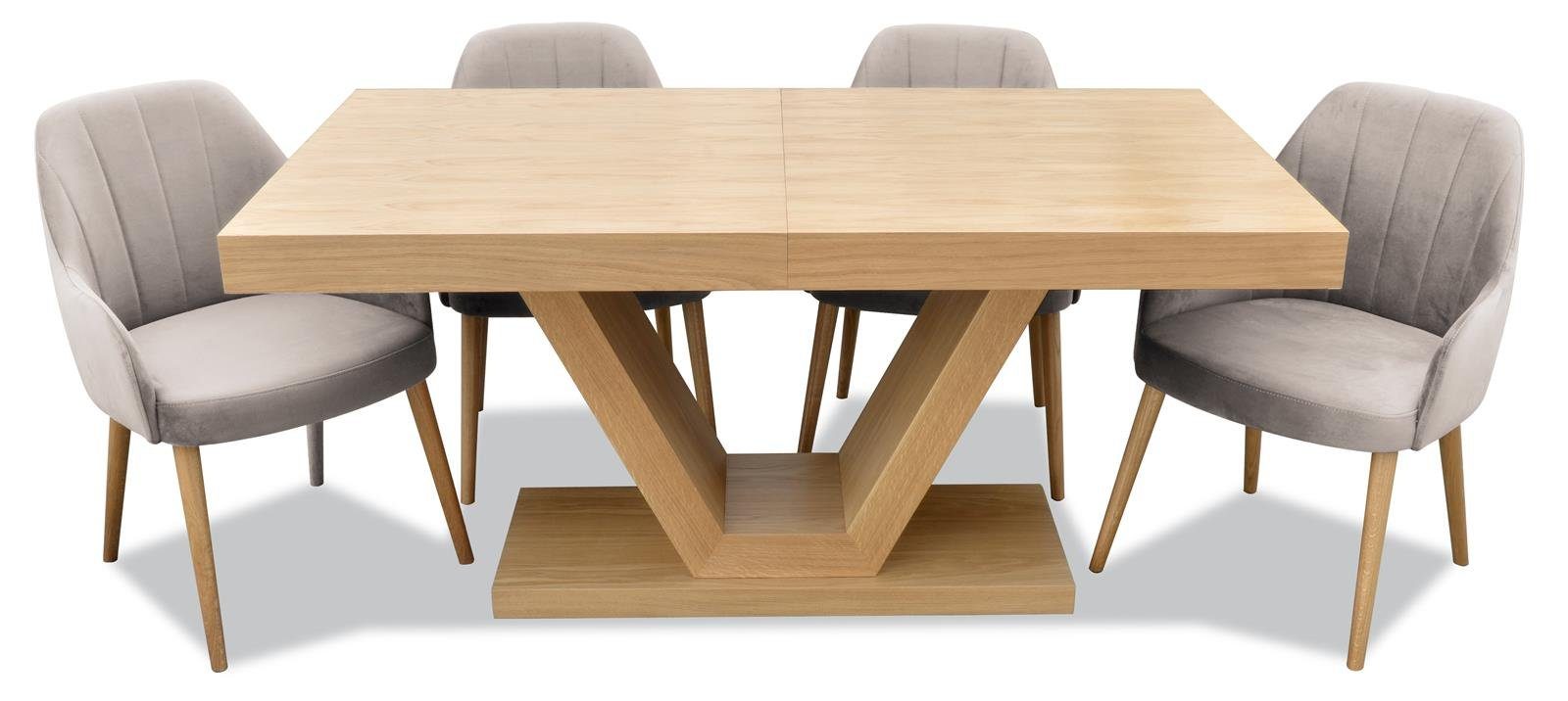 Beautysofa Sitzgruppe KLARA, (Eichenfurnier + Lack, modernes Set mit ausziehbare Tischplatte 160 - 210 cm), mit 4x gepolsterte Stühle mit Velourstoff Beige (paros 02)