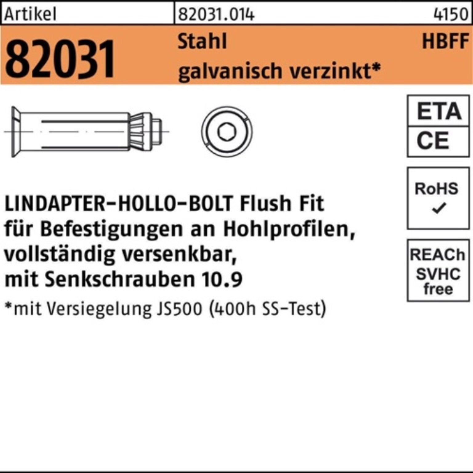 Lindapter Hohlraumdübel 82031 12-2 1 galv.verz. R HBFF 10.9 100er (80/52) Pack Hohlraumdübel