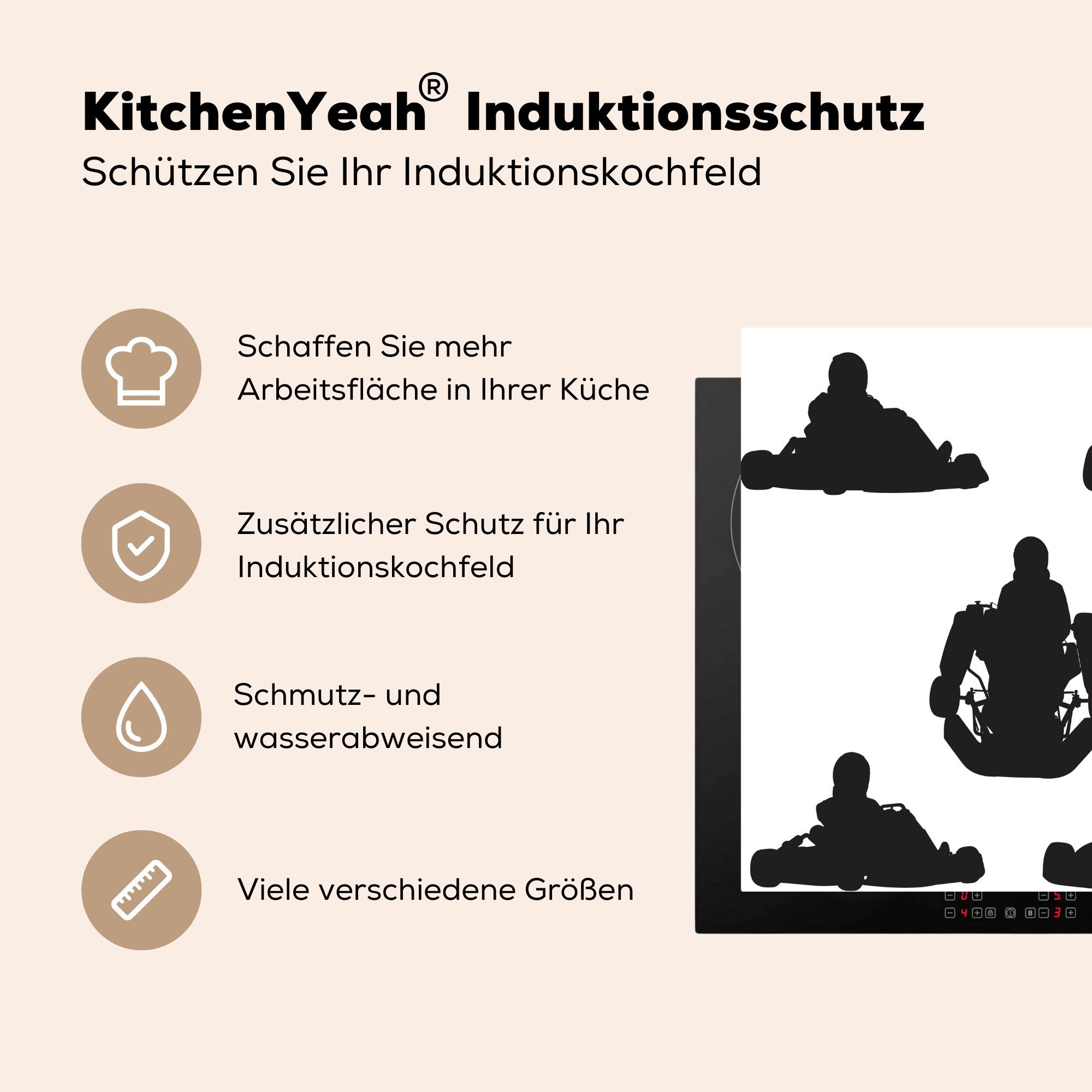 beim MuchoWow Arbeitsplatte für von küche Personen Kartfahren, fünf Vinyl, Eine 78x78 Illustration cm, (1 Ceranfeldabdeckung, tlg), Herdblende-/Abdeckplatte