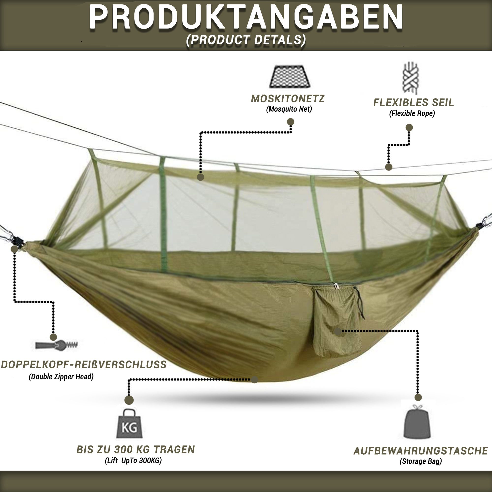 Defactoshop Hängematte Hängematte, Stabhängematte mit Tasche, Hängeliege, Hängestuhl