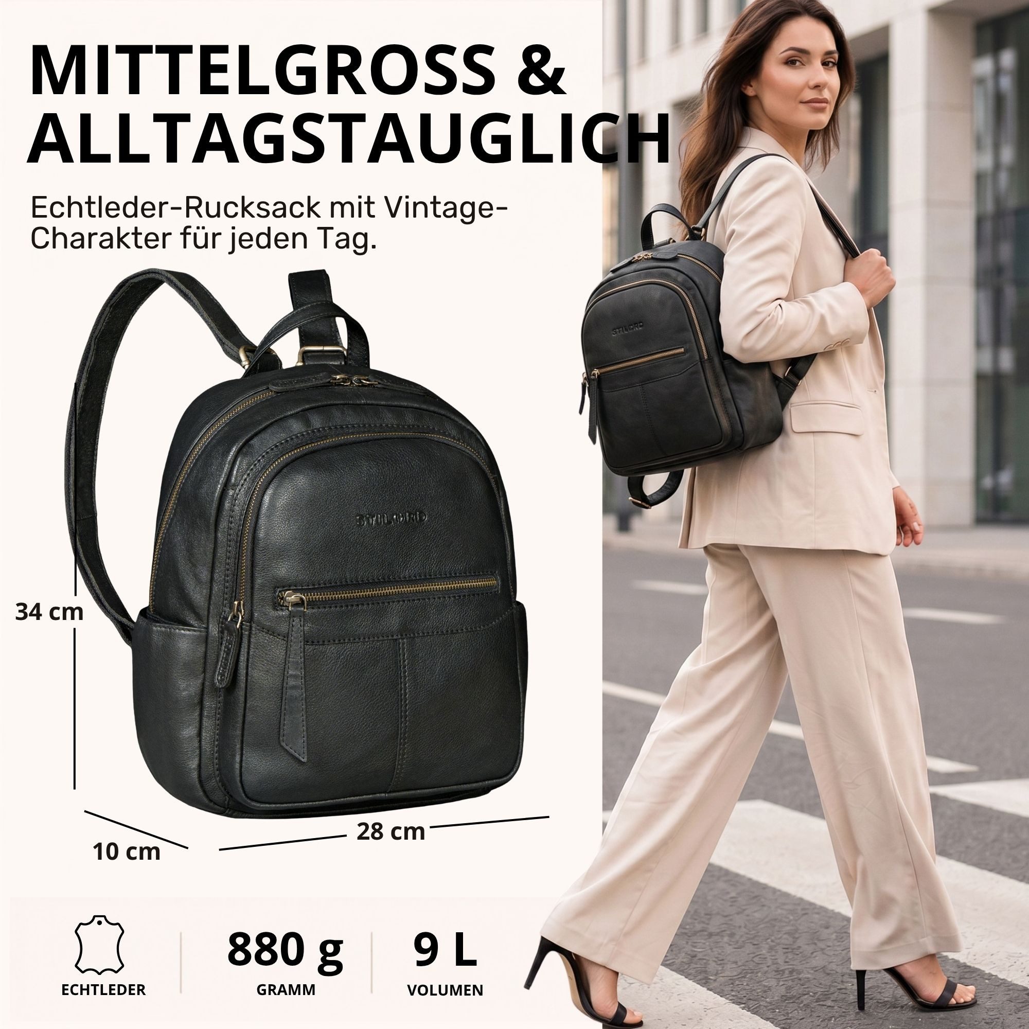 STILORD Cityrucksack "Lisa" City Rucksack Damen Leder Mittelgroß gepolstertes Fach 13 Zoll