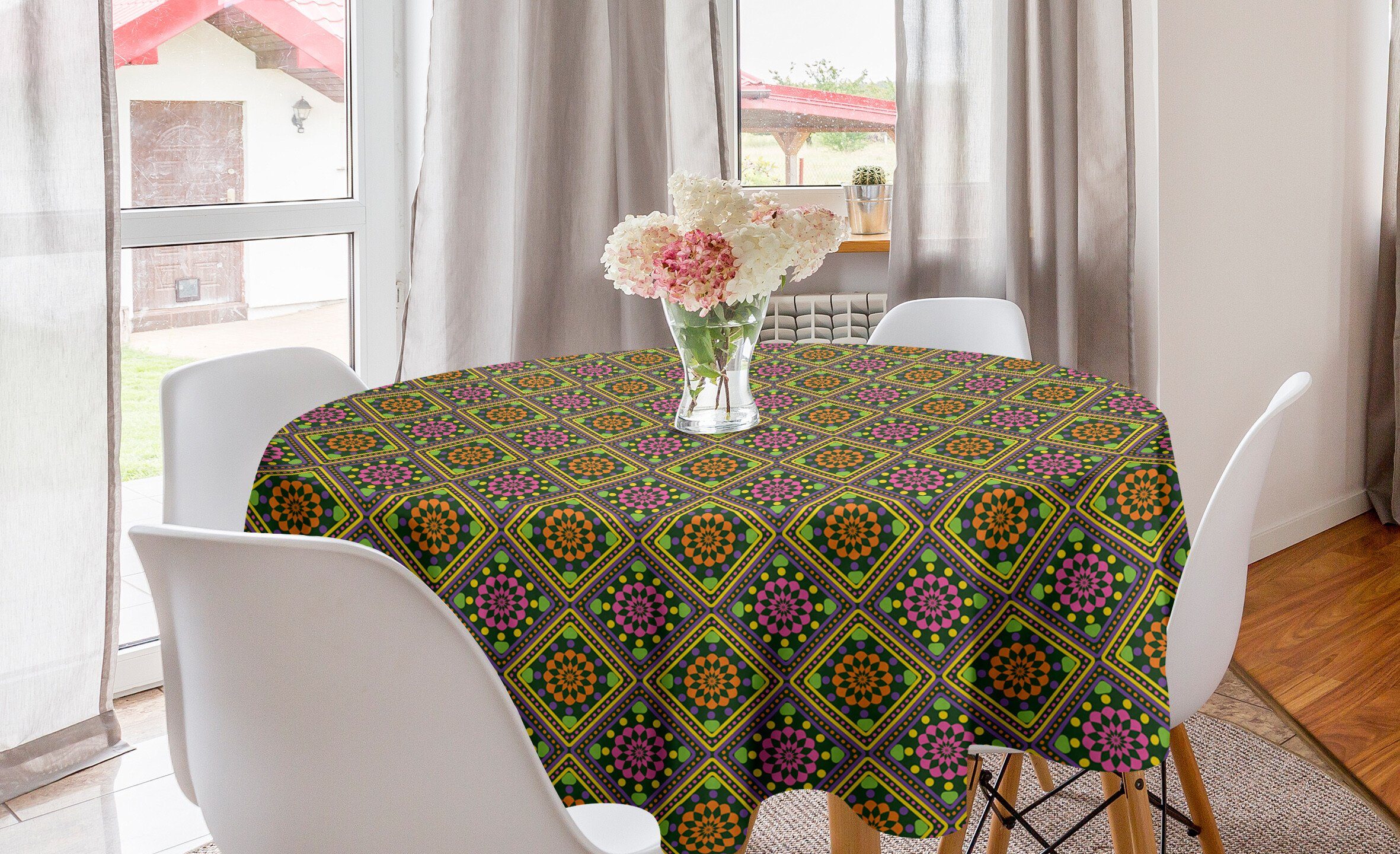 Abakuhaus Tischdecke Kreis Tischdecke Abdeckung für Esszimmer Küche Dekoration, Ethnisch Lively Rhombus-Form-Muster