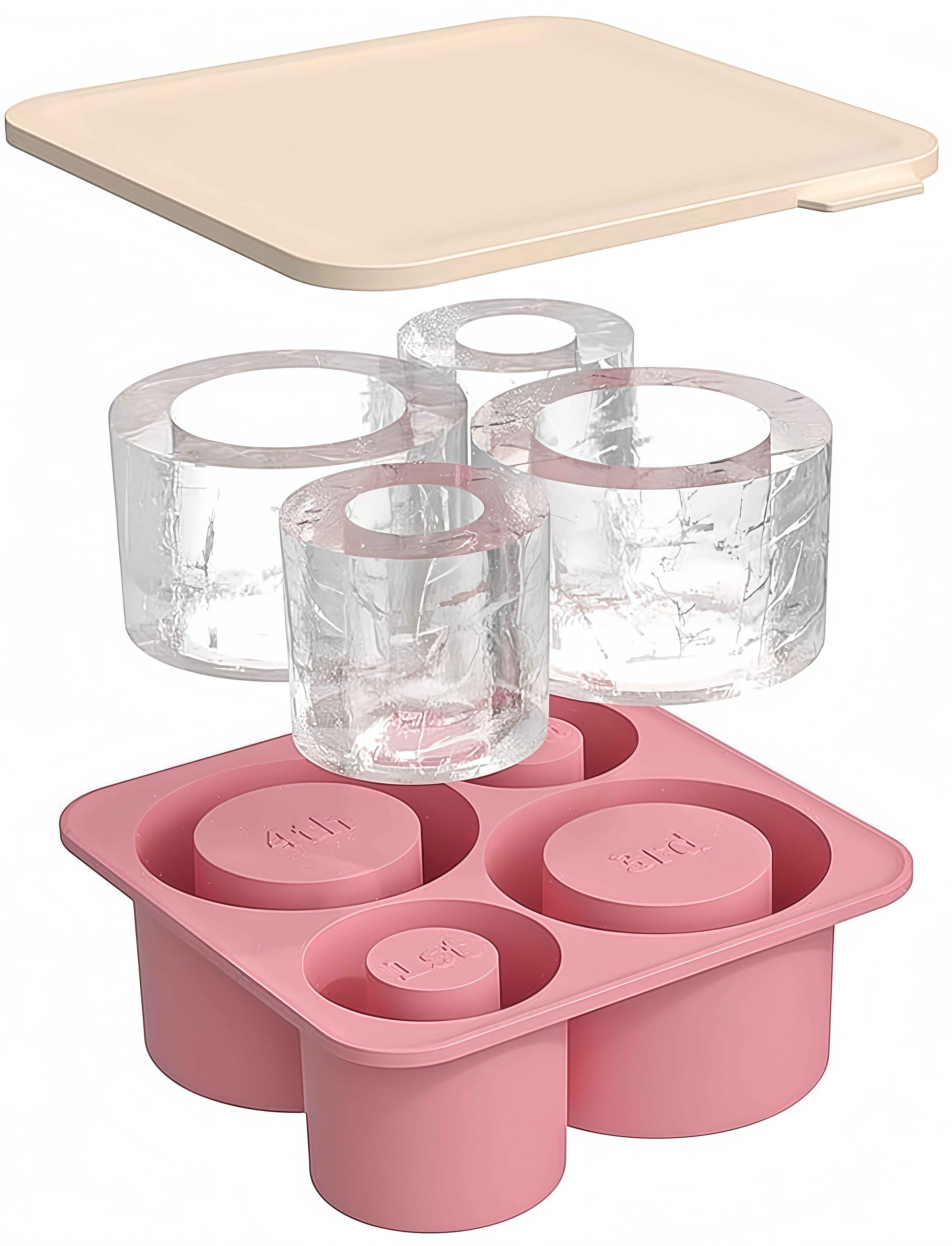 FOUORTUNATE-BEE Silikonform Silikon-Eiswürfelform mit Deckel – 4 große Zylinder-Eiswürfel, Eiswürfelbehälter aus Silikon für Cocktail, Getränk und Küche
