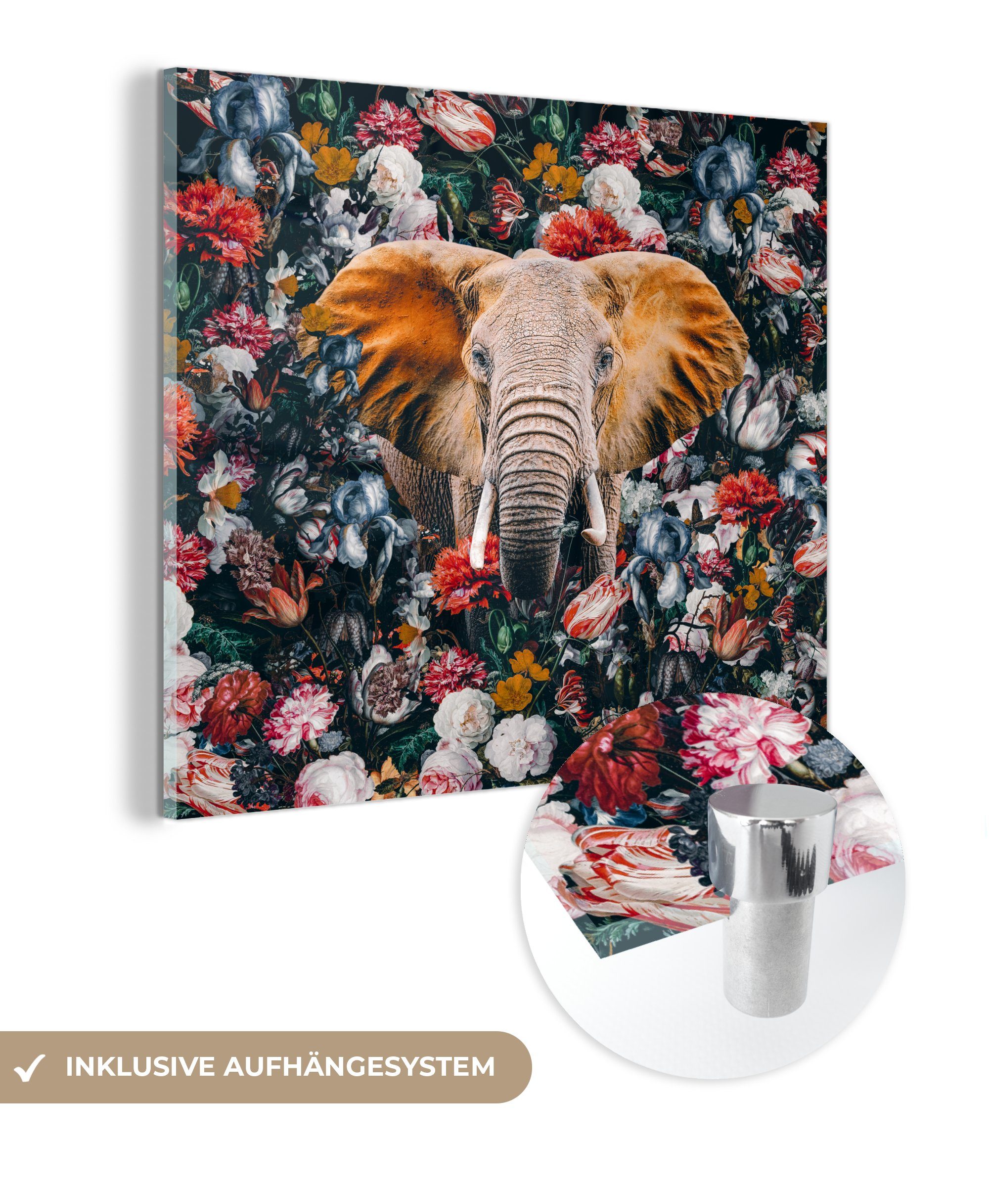auf - St), Elefant Tasse, Wanddekoration - Glasbilder Blumen MuchoWow auf Foto - Bilder Acrylglasbild - - Wandbild (1 Glas Glas