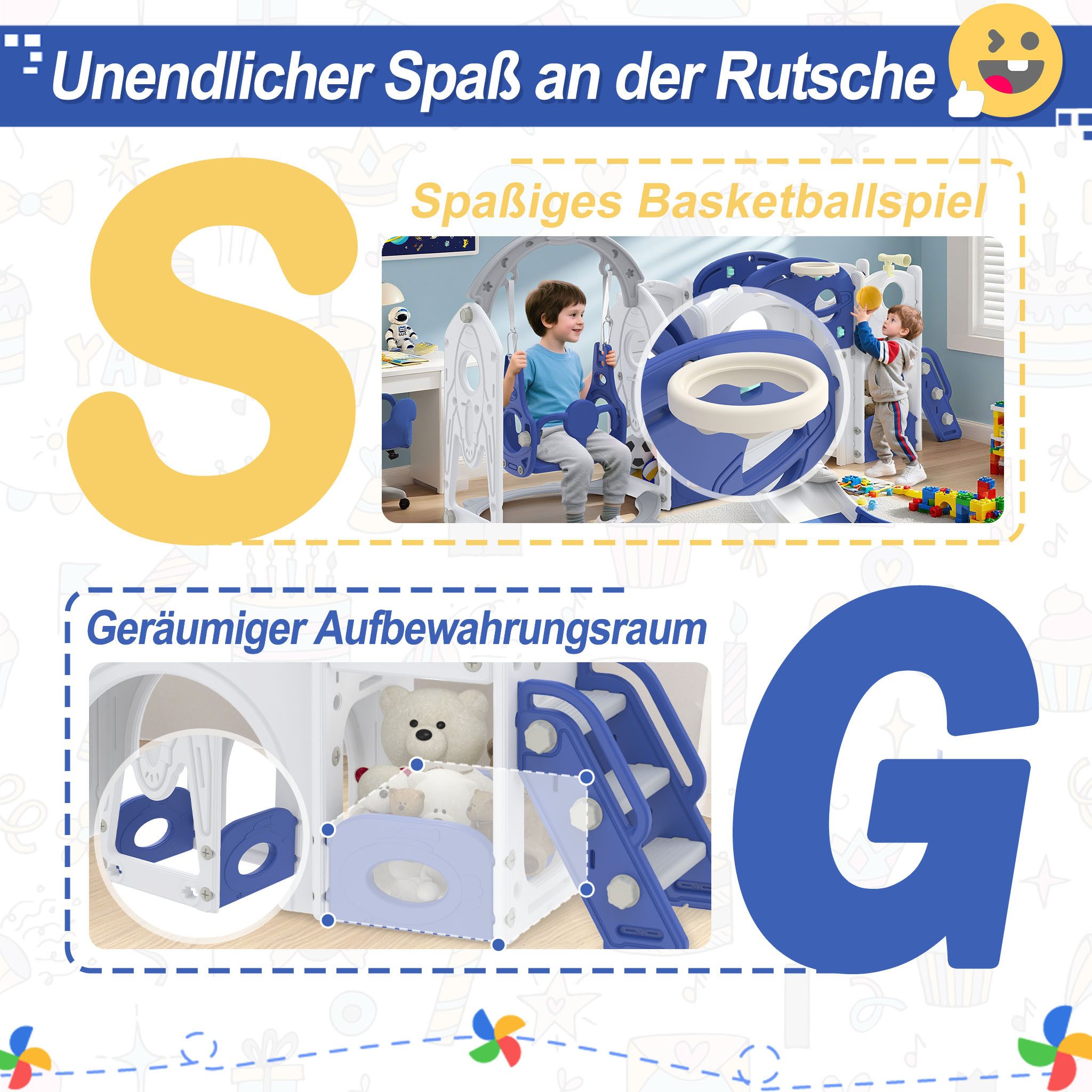 FIVMEN Rutsche 9-in-1 Kinderrutsche für Kleinkinder ab 1 Jahr, Indoor und Outdoor, (Freistehende Rutsche aus HDPE & PP, mit Schaukel, Kletterleiter, Tunnel, Stauraum, Basketballkorb und Spielteleskop)
