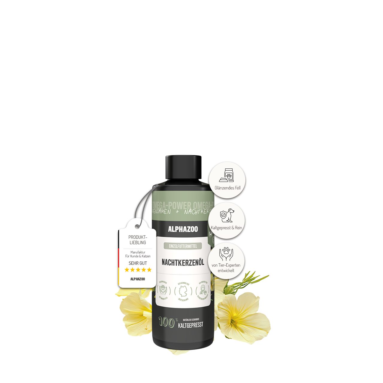 ALPHAZOO Nachtkerzenöl für Hunde 100 ml, Premium Futteröl für vitale Haut und seidiges Fell, Ergänzungsfutter für: Hunde
