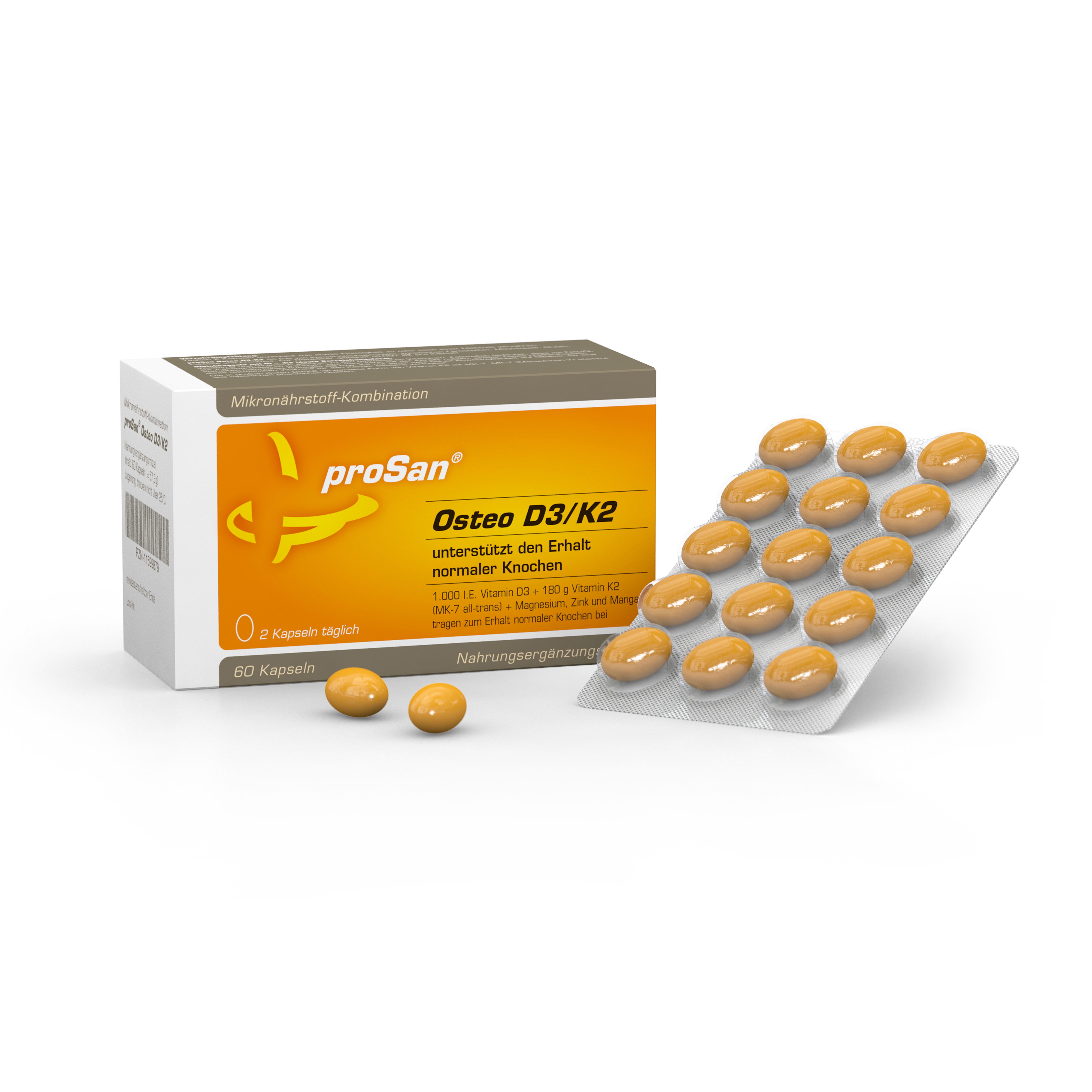 proSan Osteo D3/K2, + Calcium & Magnesium zur Erhaltung normaler Knochen, Kapseln, 60 St., 61 g