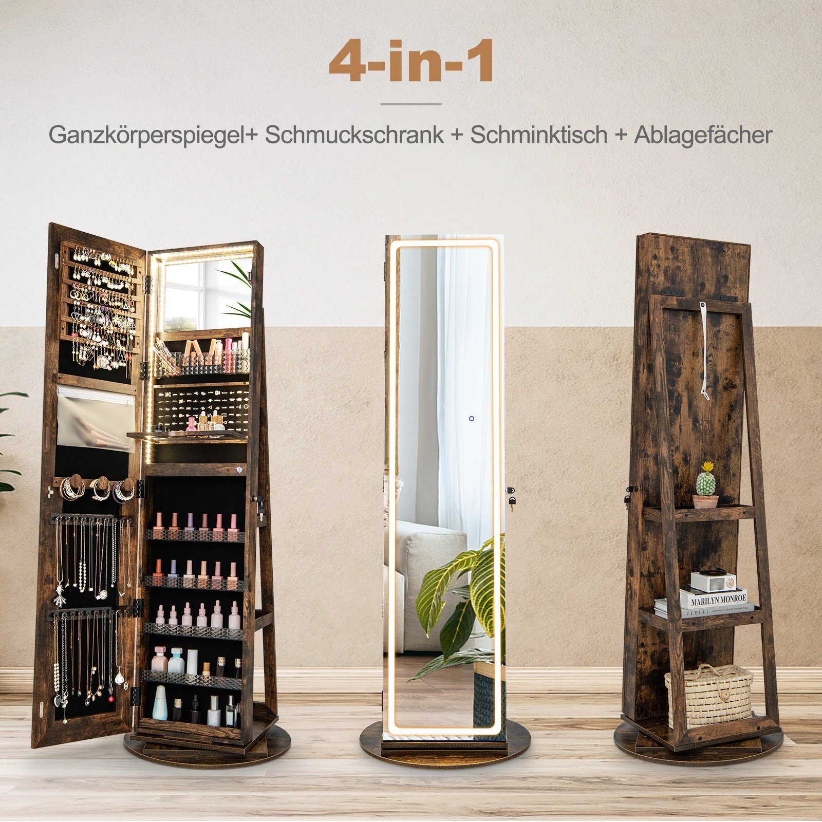 COSTWAY Schmuckschrank mit Spiegel, verstellbaren LED, drehbar, abschließbar