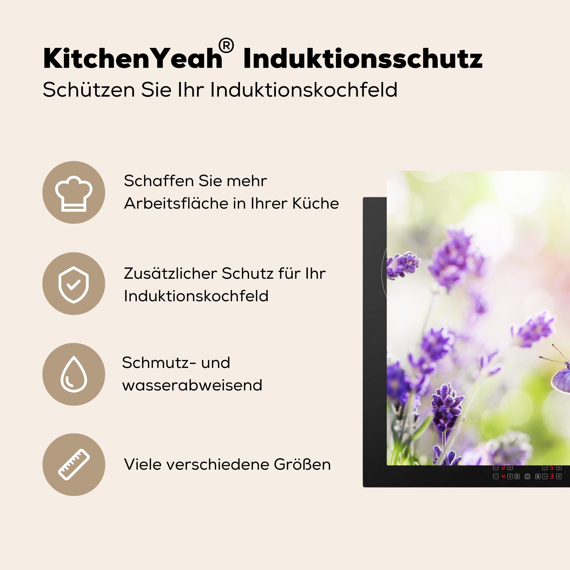 MuchoWow Herdblende-/Abdeckplatte Induktionskochfeld, (1 tlg), Lavendel - Blumen, Ceranfeldabdeckung Induktionsschutz, cm, Schmetterling - Vinyl, 59x51