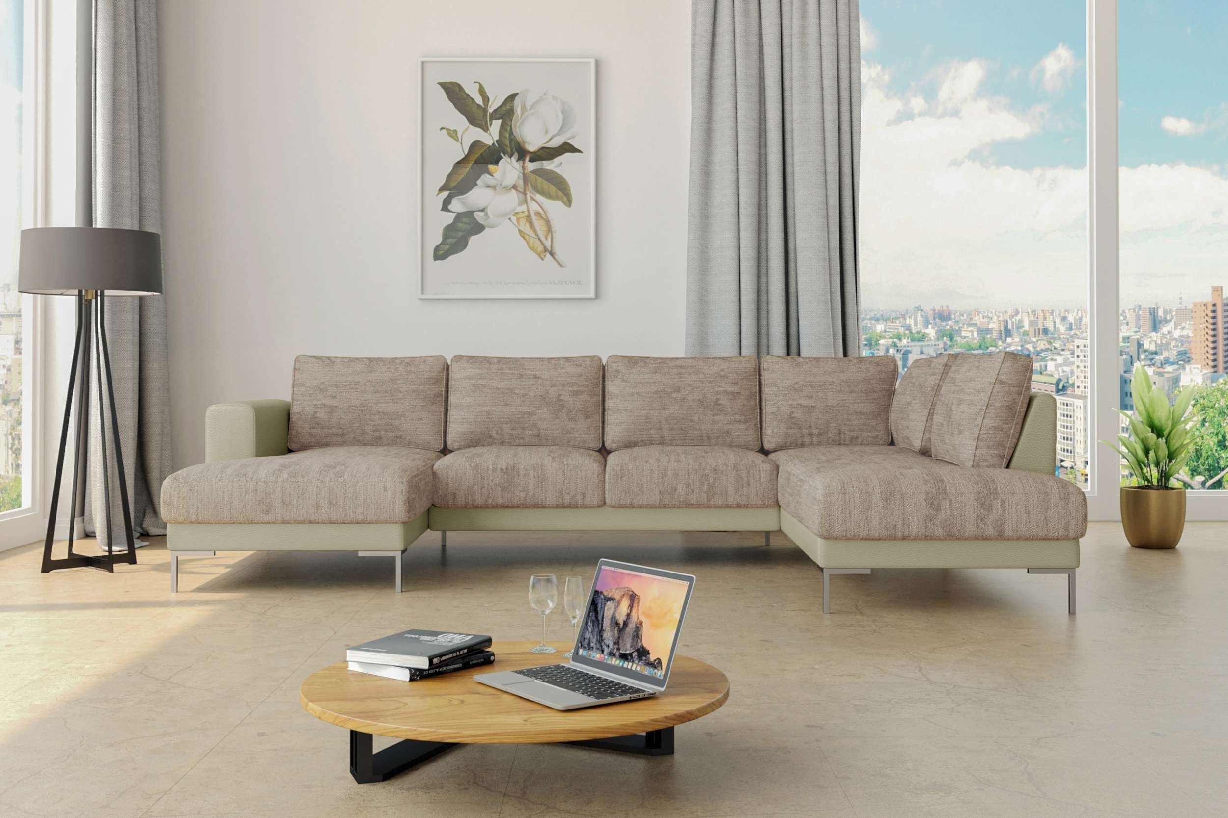 rechts frei Beige Wohnlandschaft Metall oder Stylefy U-Form, mit bestellbar, Raum - stellbar, links Sofa, Design, Wellenfederung, im Santini, mane Hellbraun Modern