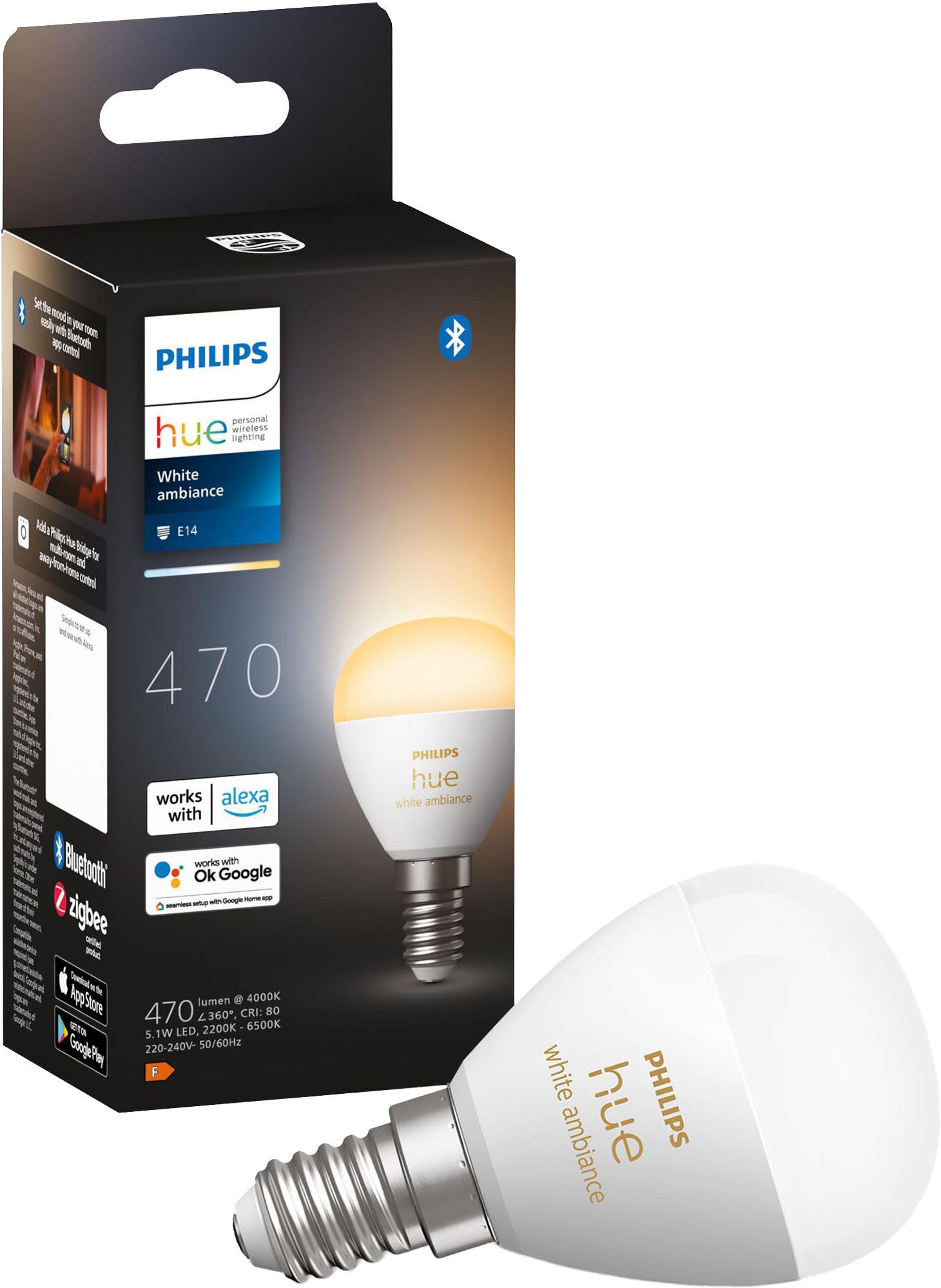 Philips Hue LED-Leuchtmittel White & Color Ambiance Luster, Tropfenform 470lm, E14, 1 St., Farbwechsler