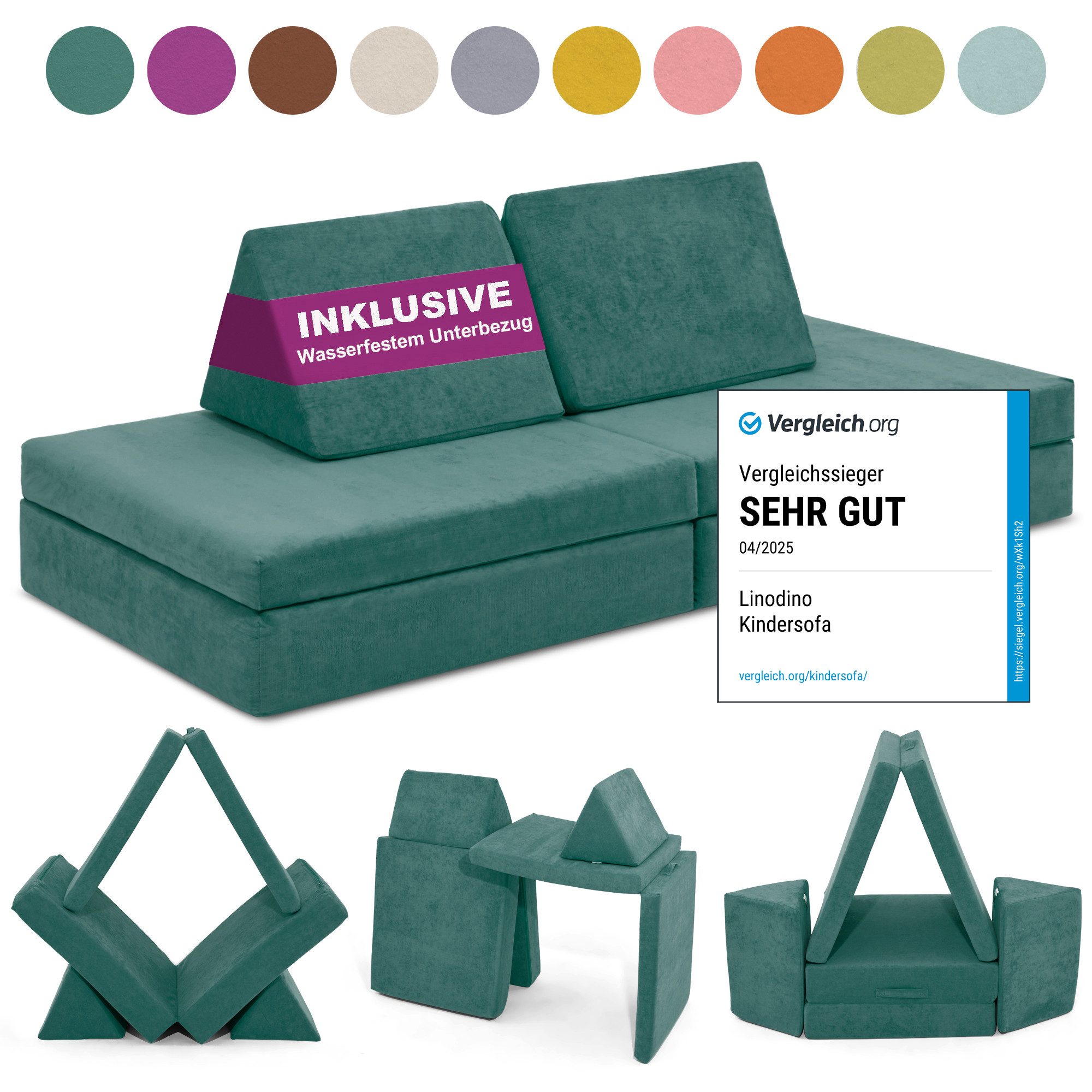 Linodino Kindersofa Spielsofa I aus Schaumstoff Bausteine I Spielcouch für Kinder, Wasserfeste Unterbezüge, Waschbare Chenille Bezüge 30°