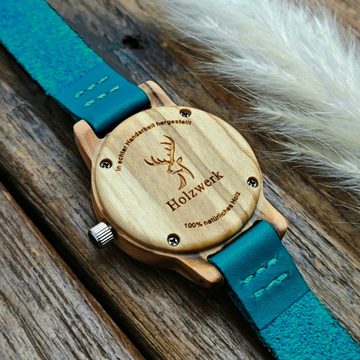 Holzwerk Quarzuhr CLARA BLUE kleine Kinder Holz & Leder Armband Uhr, türkis blau, beige