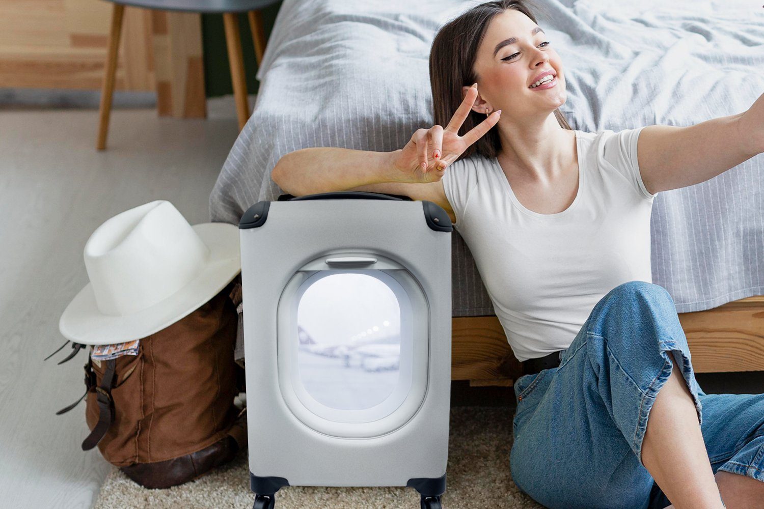 dem Blick für Handgepäckkoffer Reisekoffer Flugzeugfenster, rollen, 4 mit Handgepäck Ferien, Reisetasche Trolley, aus MuchoWow Rollen,