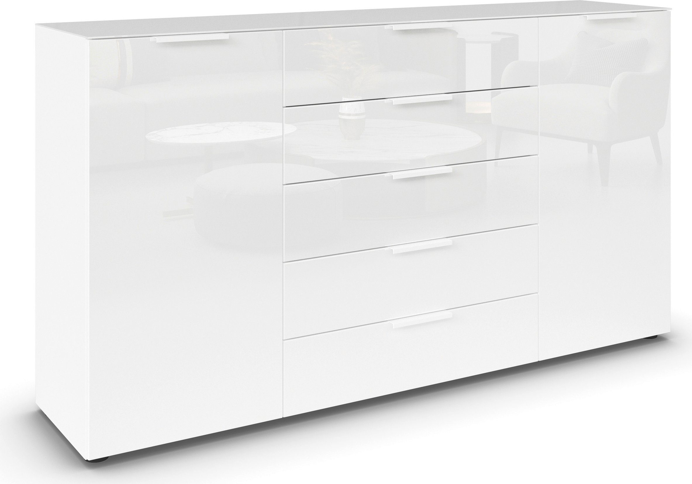 rauch Schubkastenkommode Kommode Türkommode Sideboard Kombikommode FLIPP mit Glasfront (Breite 160/180 cm mit 4 Einlegeböden), 2-türig, 5 Schubladen, Soft-Close, Oberboden und Front Glas, 2 Breiten