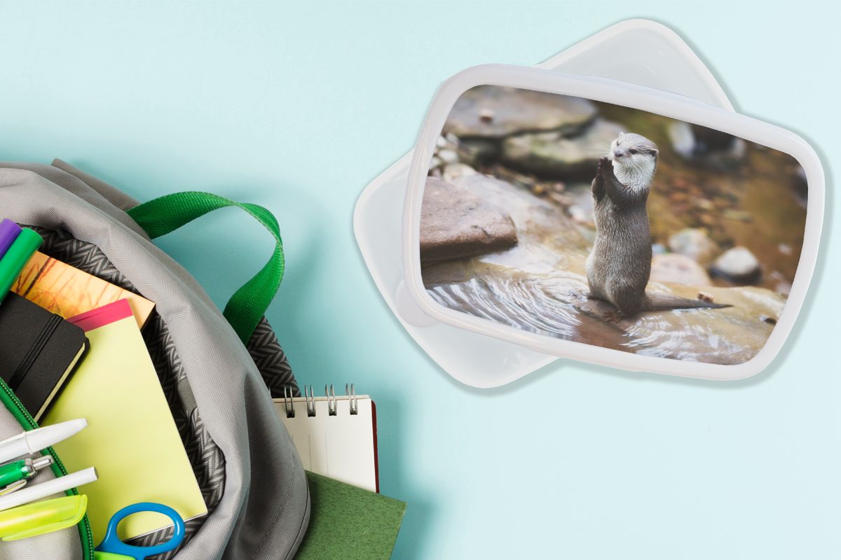 MuchoWow Lunchbox Otter steht für Brotdose, Erwachsene, Brotbox Jungs Kinder Mädchen für Kunststoff, und (2-tlg), aufrecht, weiß und