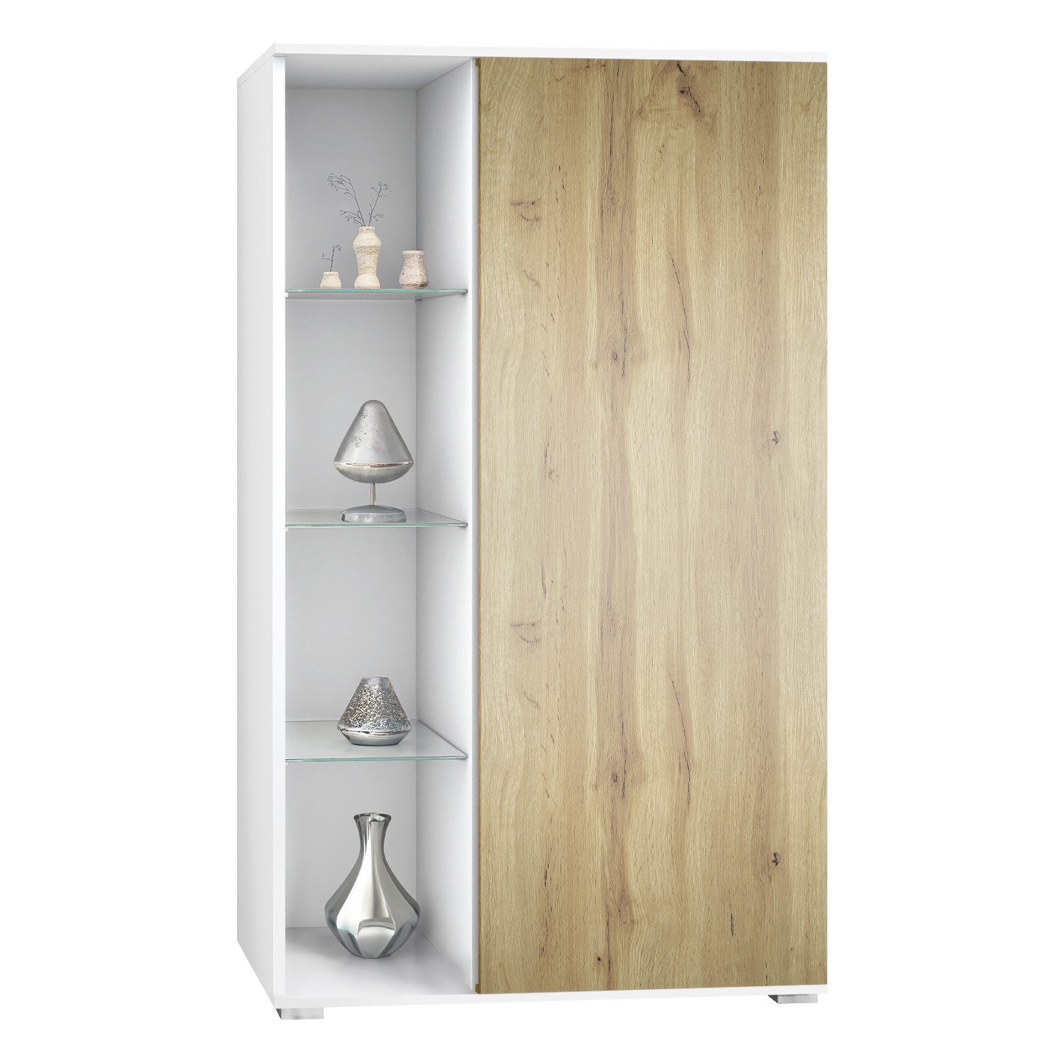Vladon Standvitrine Davos (Standvitrine, mit 3 Glasböden und 8 Fächer) Weiß matt/Eiche Wotan (71,5 x 134 x 35 cm)