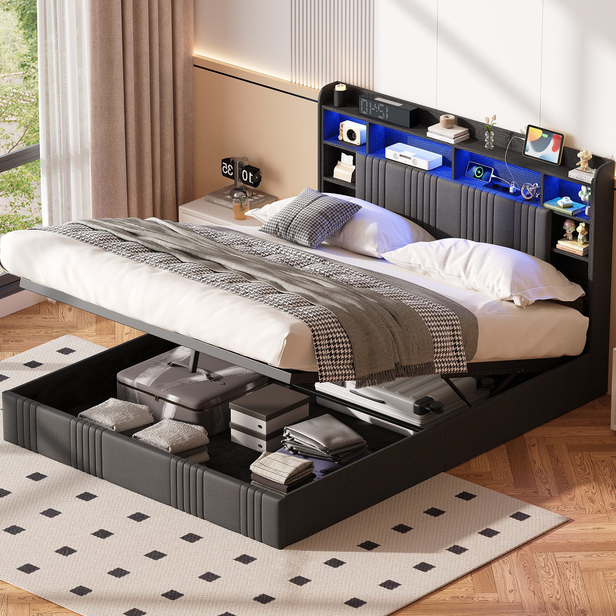 ADWOLT Polsterbett Stauraumbett Doppelbett Mit Bettkasten (Packung, 1-tlg), 160x200 cm,USB + Typ-C,2 Ladebuchsen,LED-Leuchten,Leinenstoff - Grau
