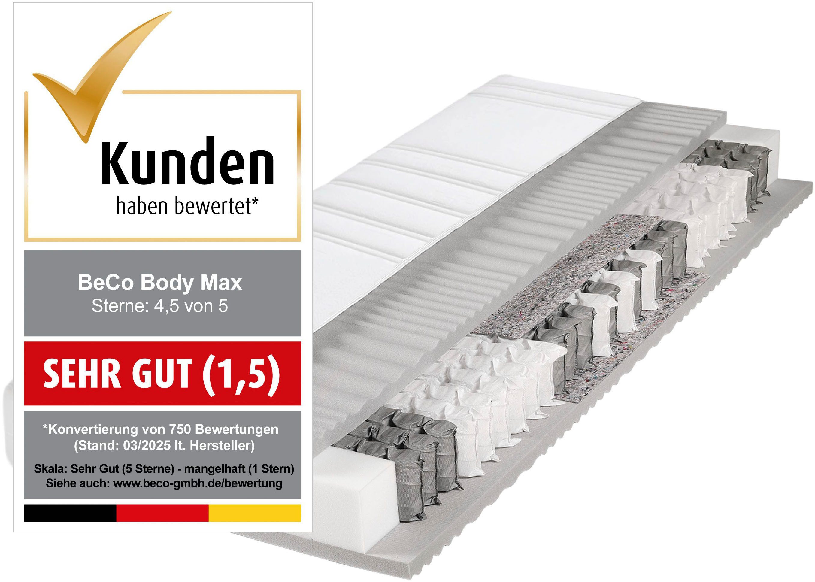 Taschenfederkernmatratze BodyMax, Beco, 22 cm hoch, komfortable Matratze in 90x200, 140x200 cm und weiteren Größen