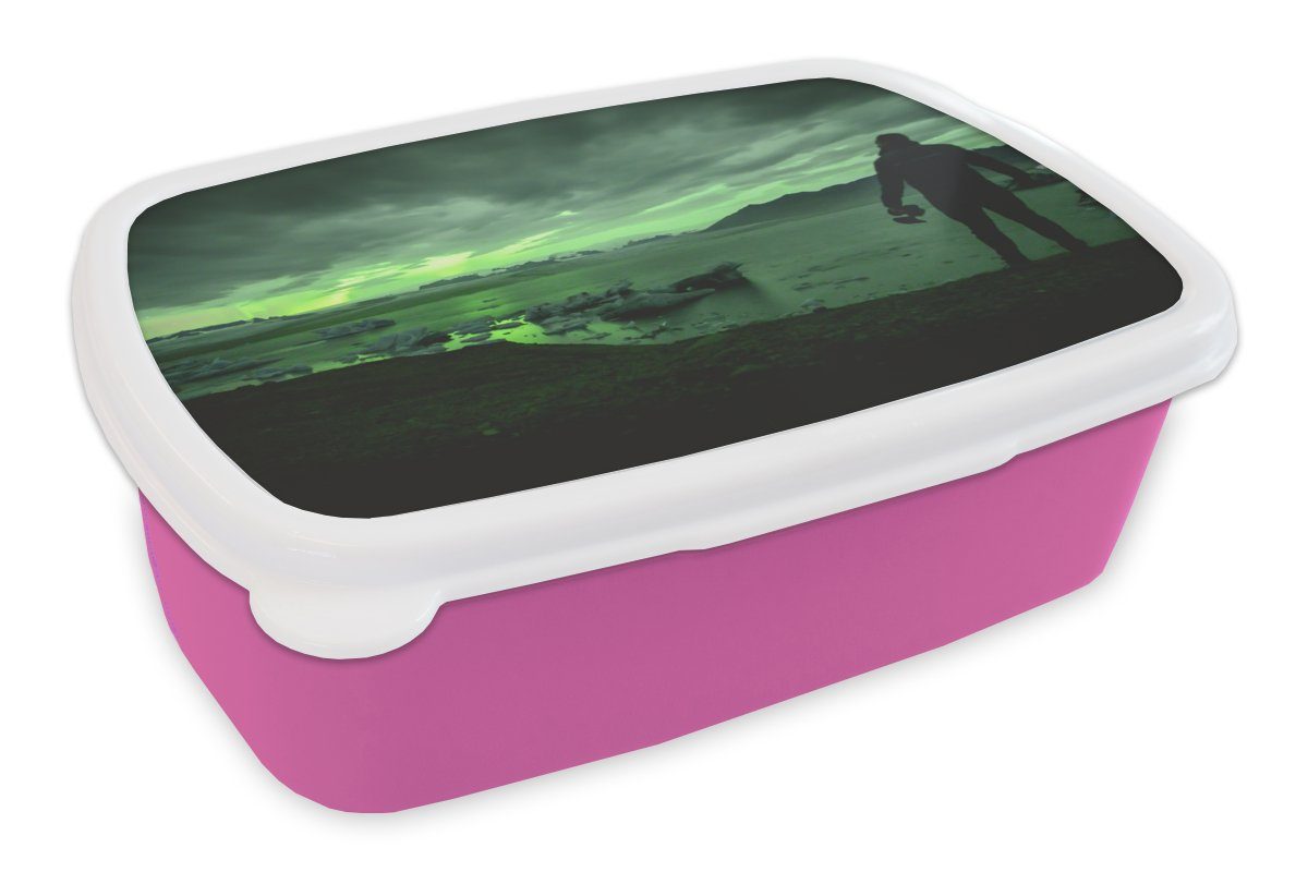 MuchoWow Lunchbox Nordlichter - Natur - Mensch - Island, Kunststoff, (2-tlg), Brotbox für Erwachsene, Brotdose Kinder, Snackbox, Mädchen, Kunststoff rosa