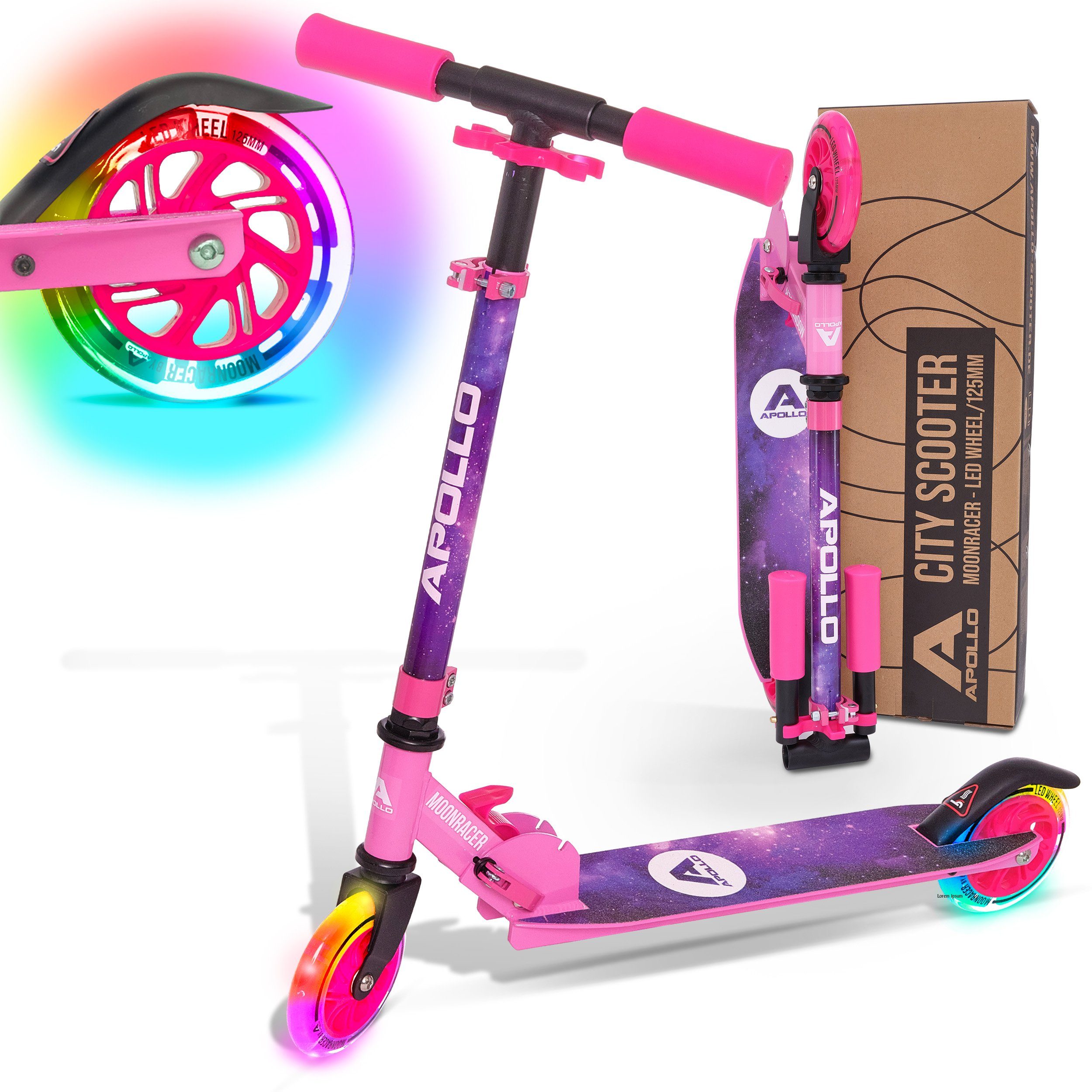 Apollo Cityroller LED City Scooter für Kinder Moonracer 125 mm Tretroller, Kinderroller ab 4 Jahre klappbar und höhenverstellbar