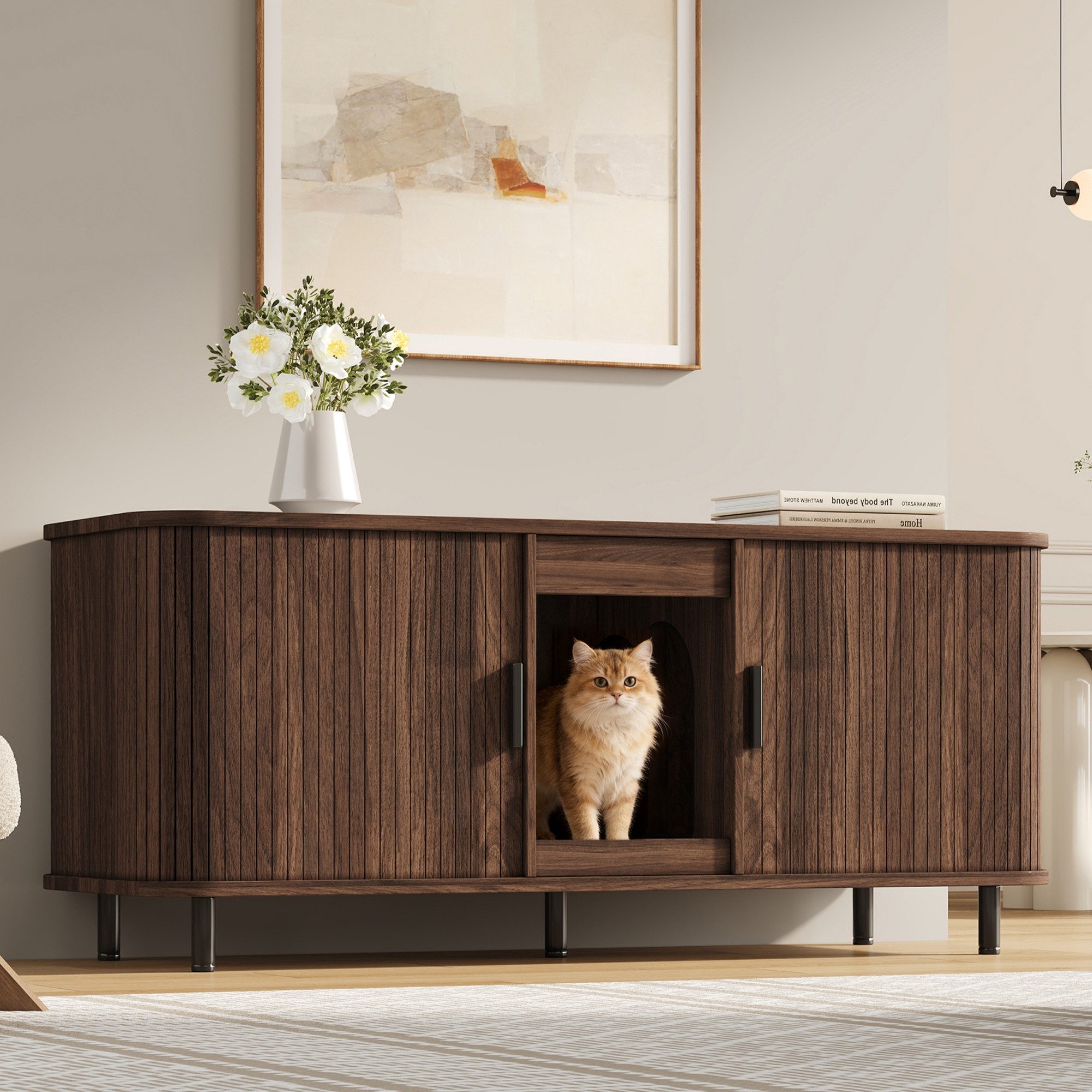Flieks Katzentoilette Katzentoilettenschrank Katzenhaus Katzenklo-Schrank, Haustierschrank Katzenkloschrank mit Streuauffangmatte Nussbaumoptik