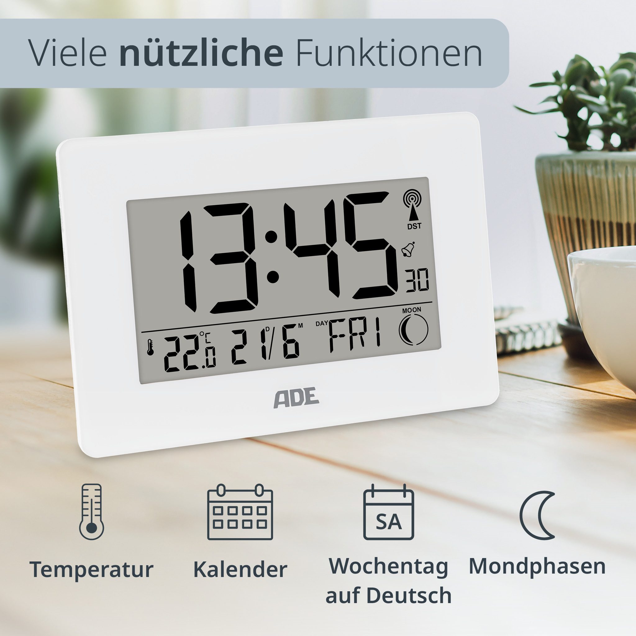 ADE Funktischuhr Digital,Tischuhr & Wanduhr mit XXL-Display, Thermometer Funkuhr mit Datum, Wochentag & Mondphasen, inkl. 2 AA Batterien
