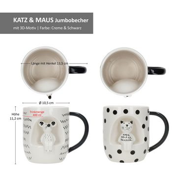 MamboCat Becher 2er Set Katz & Maus Jumbotasse 400ml 3D-Motiv Keramik XL-Becher Kakao, Keramik