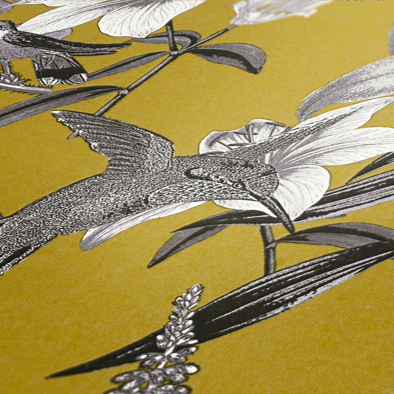 Blumen Création floral, Architects gelb/grau/schwarz Vogeltapete Tapete Paper tropisch, Vliestapete A.S. Chic, Jungle glatt, botanisch,