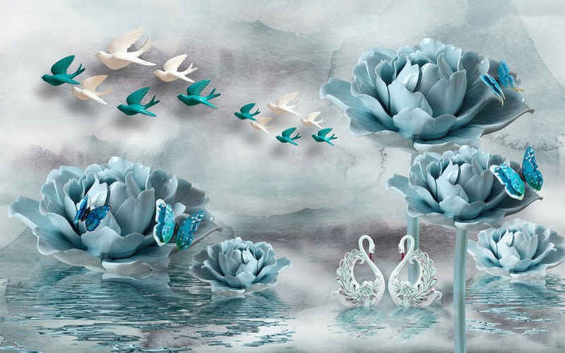Papermoon Fototapete »Blumen mit Vögeln weiß blau«, Vliestapete, hochwertiger Digitaldruck, inklusive Kleister