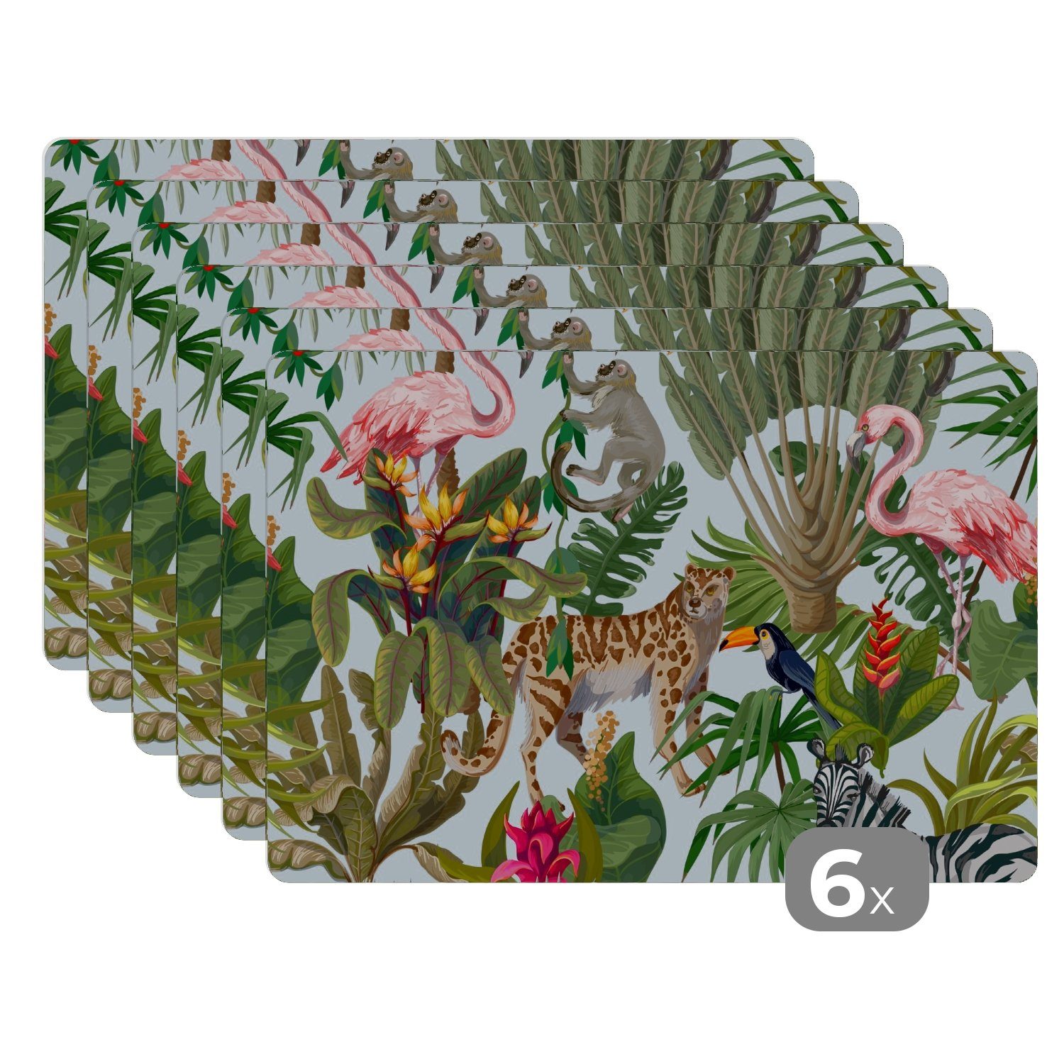 MuchoWow Platzset Dschungel - Tiere - Mädchen - Kinder - Jungen - Flamingo - Papagei, (6-St), Platzsets, Tischset, Abwaschbar, Tischsets, Platzdeckchen