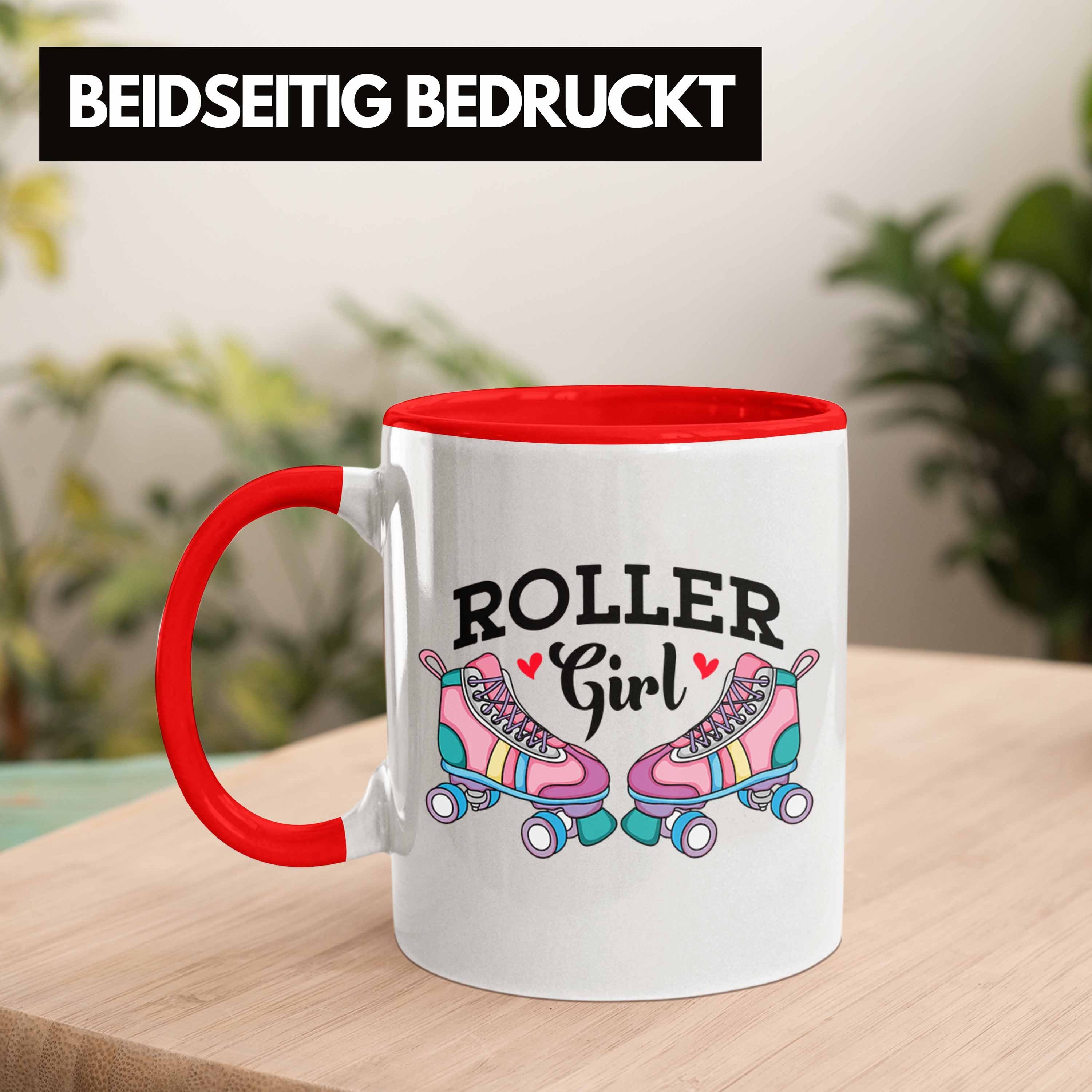 Trendation Tasse "Roller Girls für Nostalgie Rollschuh Rot 80er Girl" Geschenk Tasse Roller