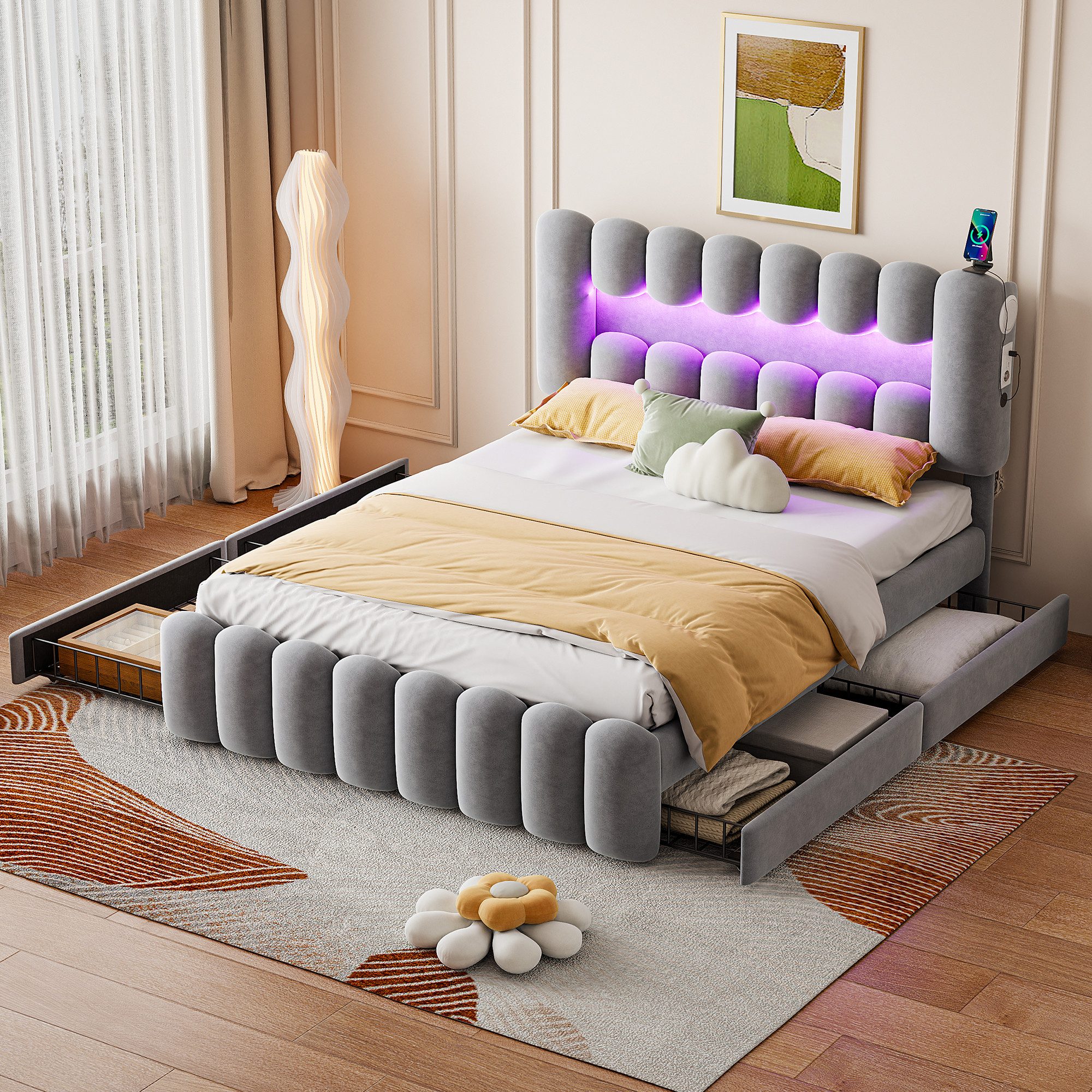 HAUSS SPOLE Polsterbett 160x200cm mit 4 Schubladen, LED-Lichtleiste, USB, S günstig online kaufen