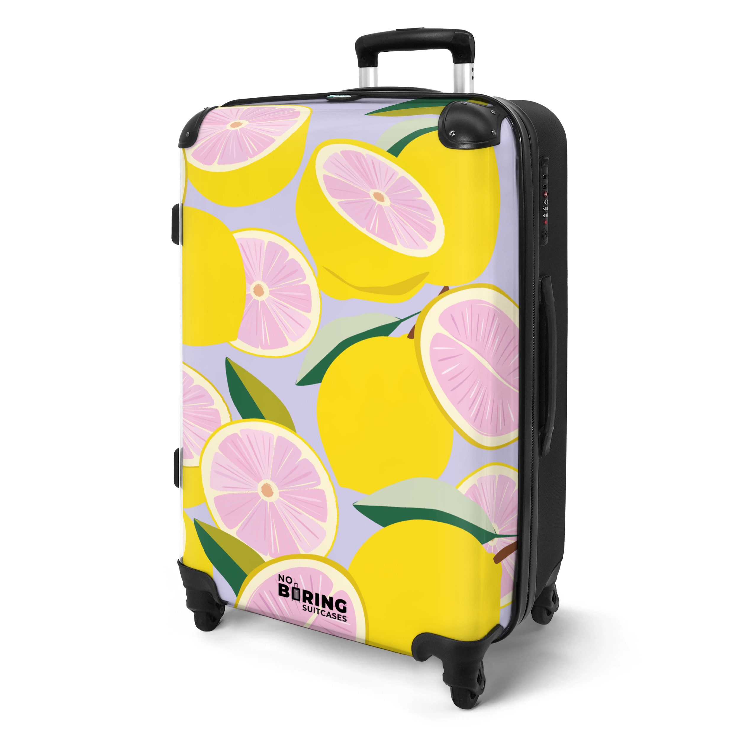 NoBoringSuitcases.com© Hartschalen-Trolley Lila mit gelben rosa günstig online kaufen