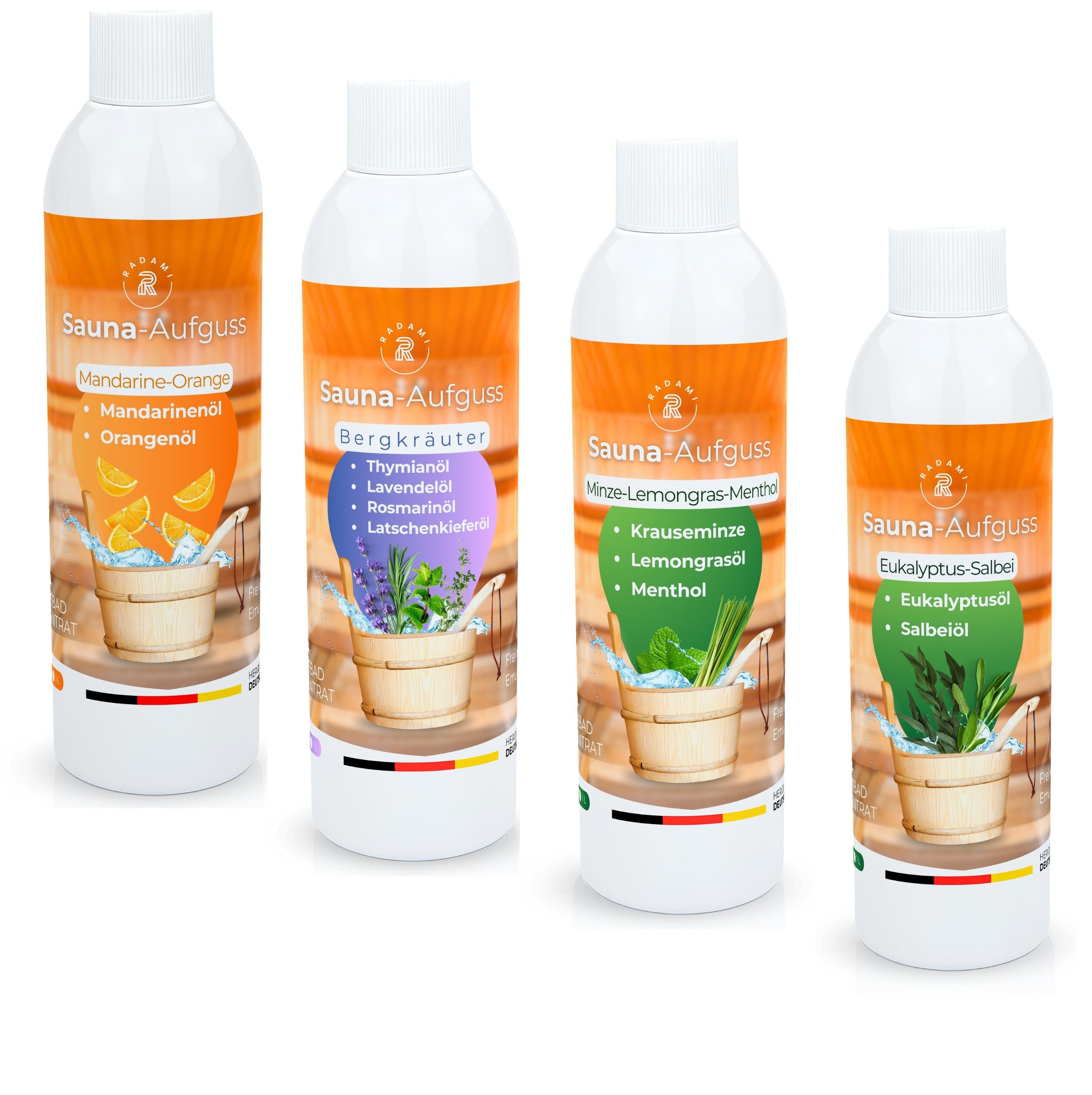 Radami Sauna-Aufgussset 4 x Saunaaufguss Sauna Aufguss Konzentrat Bergkräuter, Minze, Orange (4-tlg)
