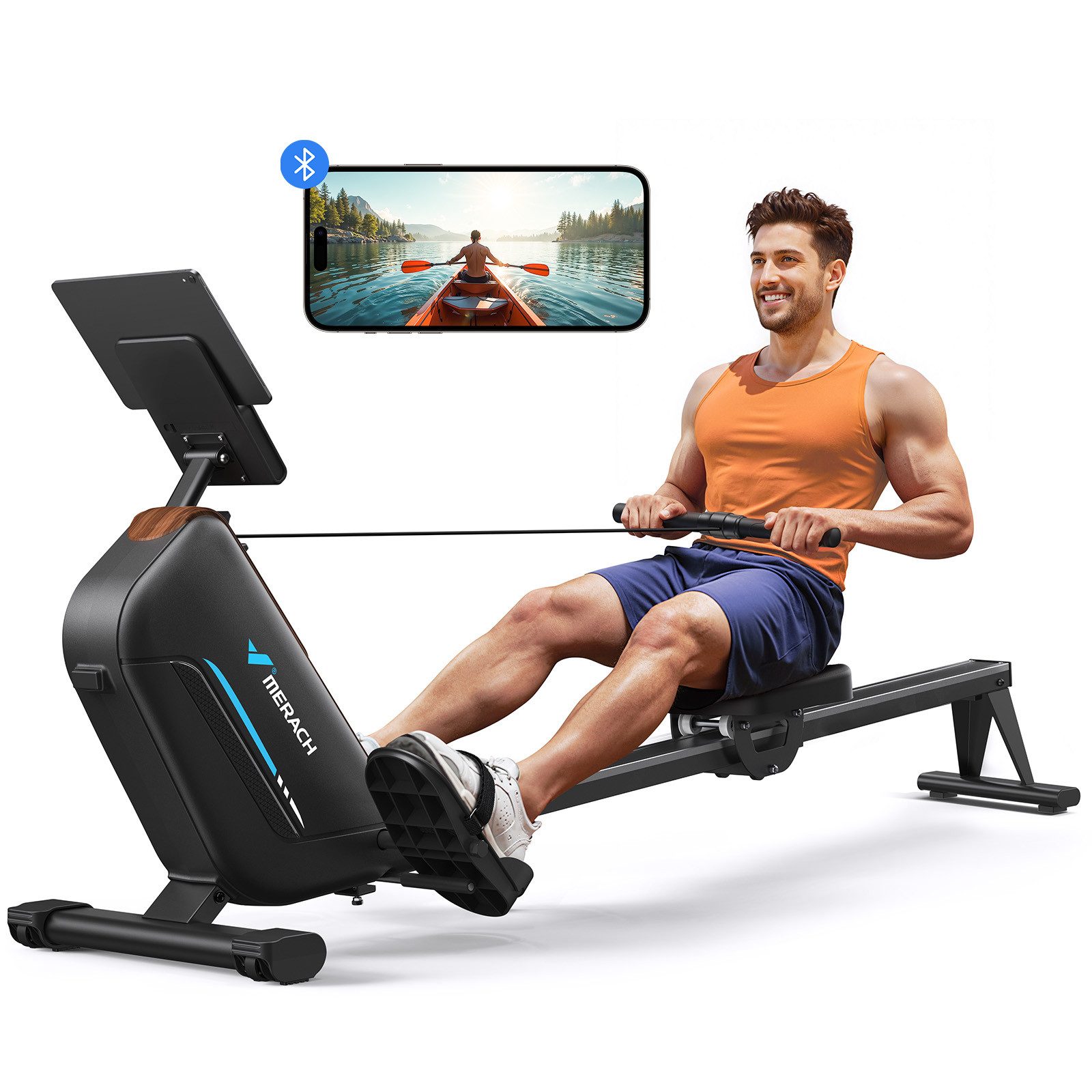 MERACH Rudergerät für Zuhause, Fitnessgeräte mit 16 Widerstandsstufen (Rudermaschine mit Bluetooth-Verbindung, klappbares Design, Kompatibel mit Kinomap, Tablet- und Flaschenhalter, LCD-Anzeige), Leise, Schnelle Montage, platzsparend, Belastbar bis 158 kg
