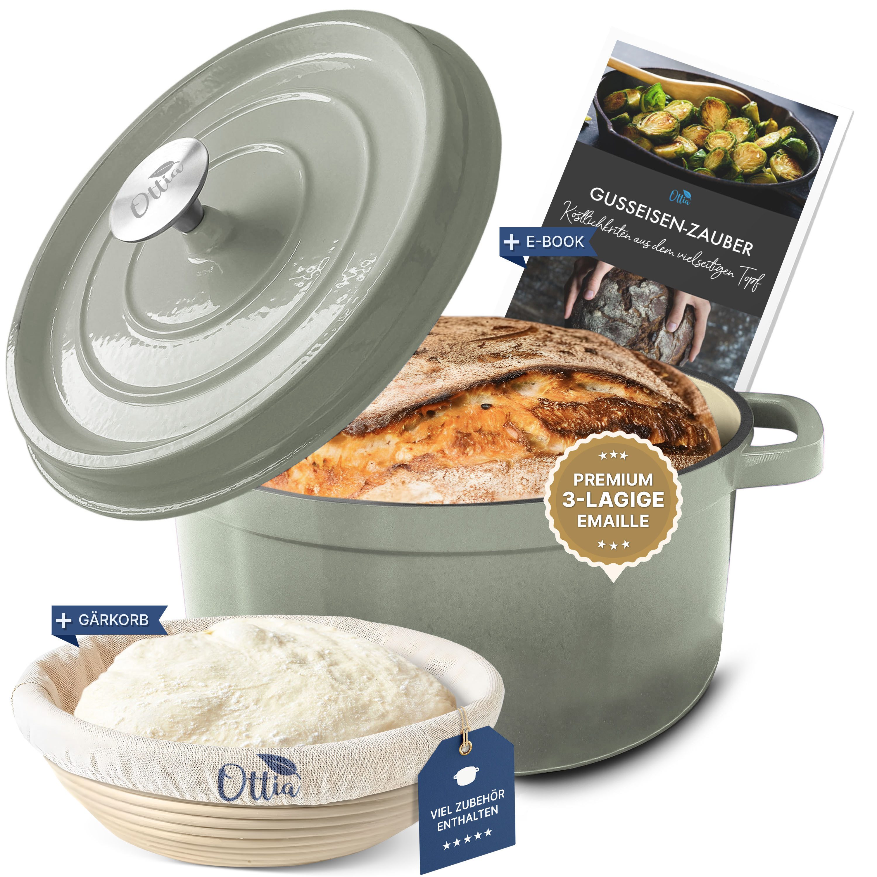 Ottia Schmortopf Gusseisen Topf, 26cm groß, 5L, Bräter, Brotbacktopf, alle Herdarten, Gusseisen, 3-fach Emaille (inkl. Zubehör (E-Rezeptbuch & Gärkorb), Händler aus Hamburg
