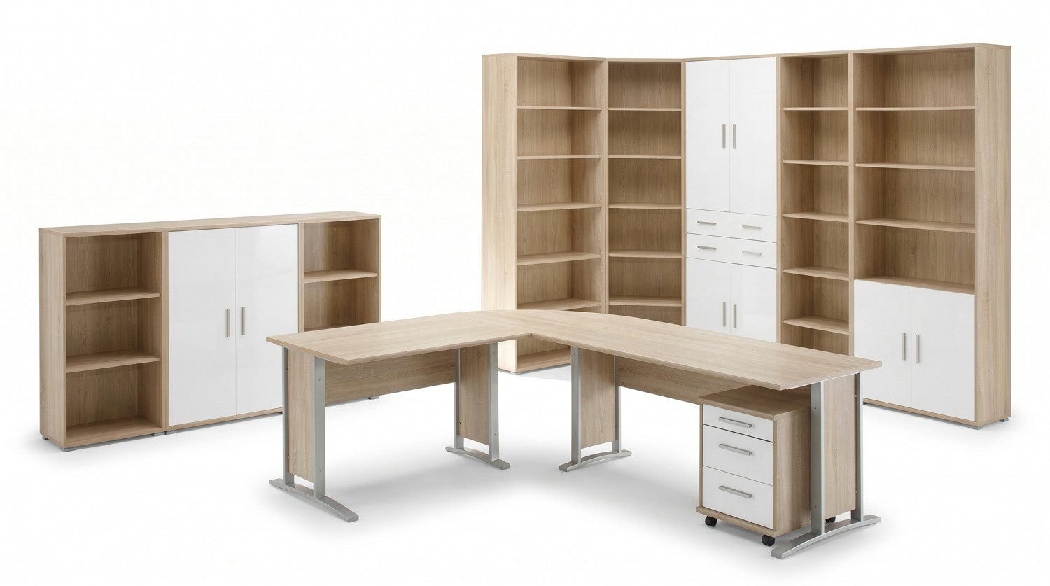 moebel-dich-auf Büromöbel-Set OFFICE LINE 220, (Komplett-Set, 10-tlg., Winkelschreibtisch mit Rollcontainer + 2 Aktenschränke + 6 Aktenregale), in Eiche Sonoma / weiß