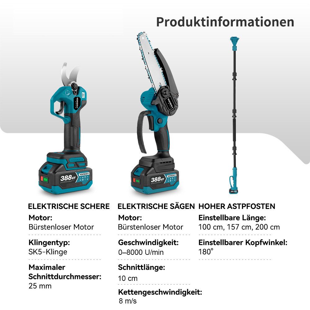 Yofidra Akku-Hochentaster Akku-Gebläse Set Bürstenloses Gartenschere Kettensäge, 300m/s Laubbläser mit 4 × Akku, 2m Teleskopstange