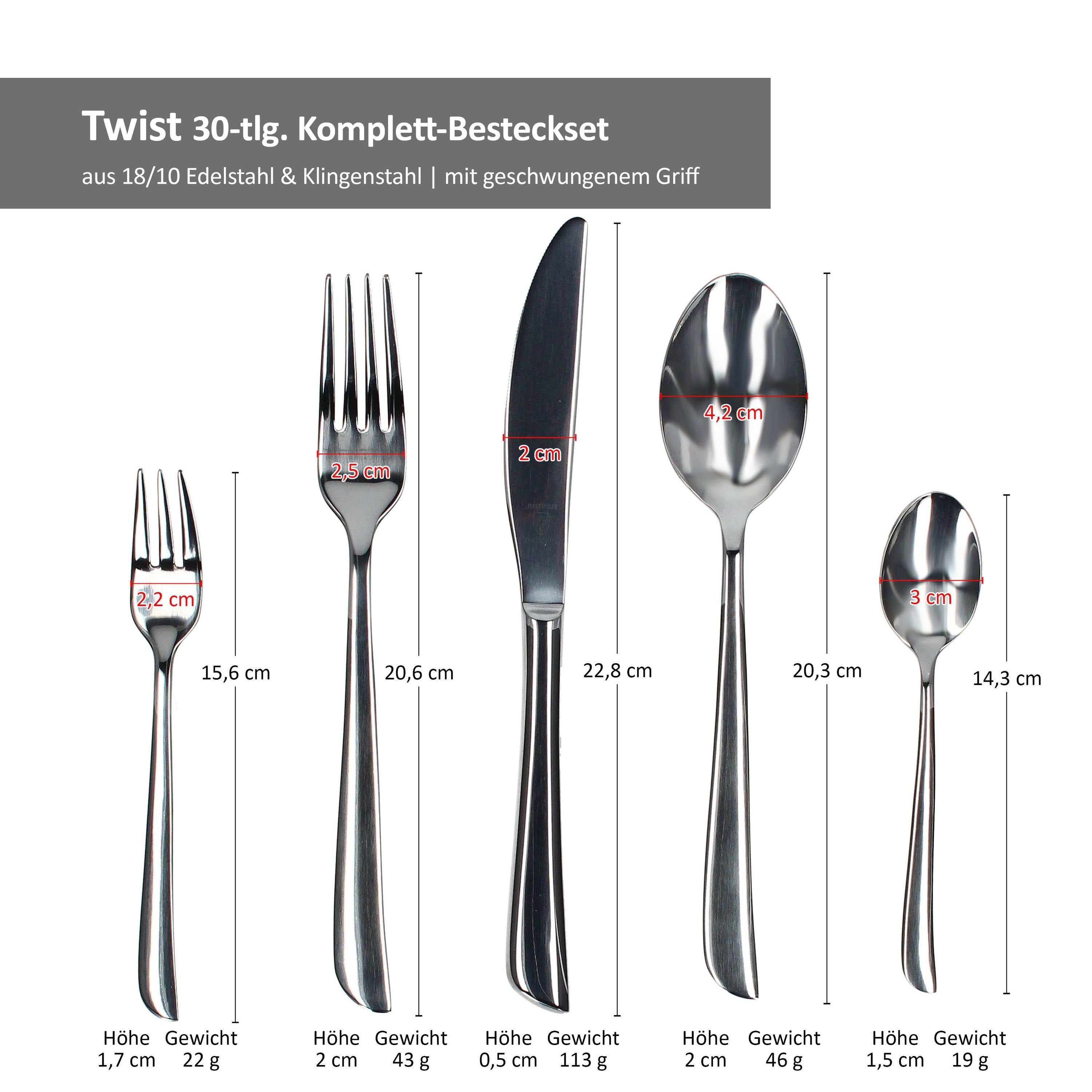 Justinus Besteck-Set 30tlg Twist Komplett-Besteck-Set für 6 Personen Messer Gabel Löffel, Edelstahl
