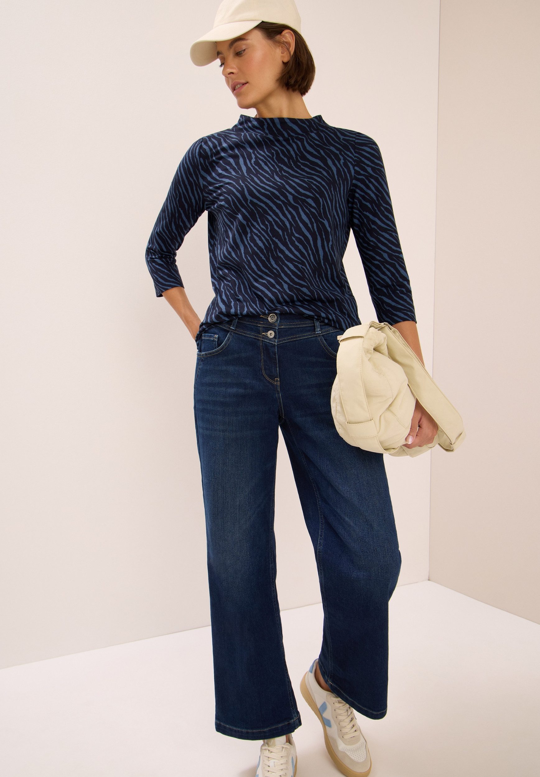 CECIL T-Shirt Minimal AOP Funnel Neck urban dark blue günstig online kaufen
