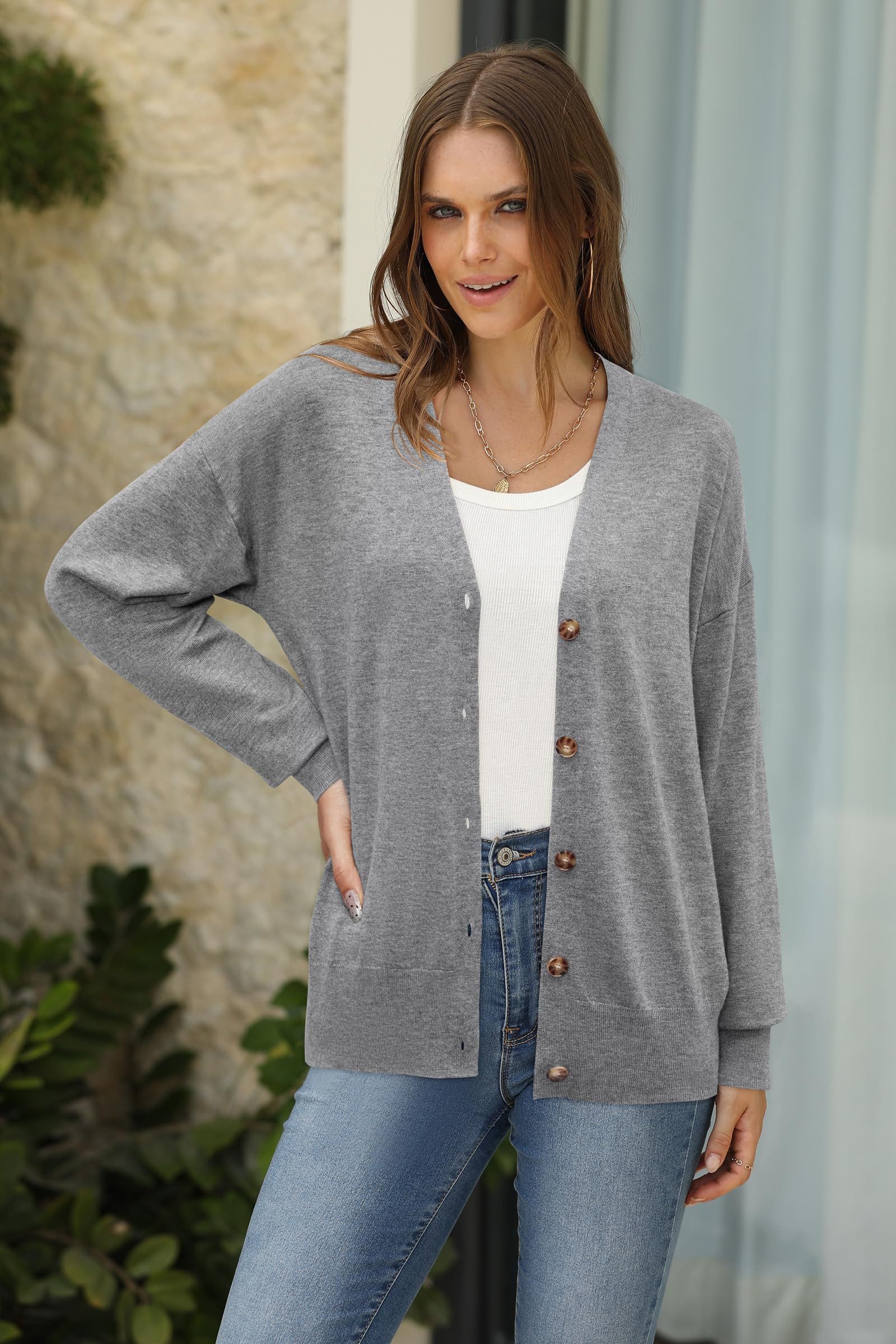 Arach&Cloz Strickjacke Damen Cardigan Strickmantel V-Ausschnitt Langarm mit Knöpfen für Frühling Herbst
